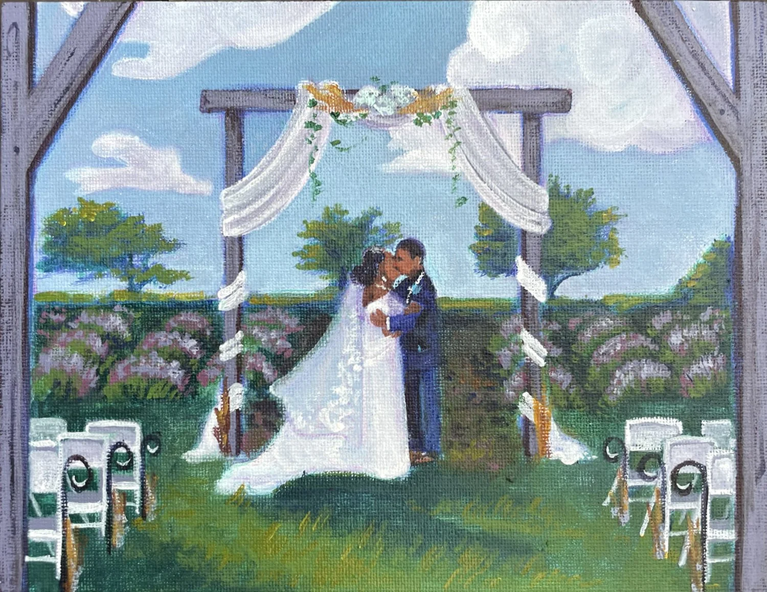 Live wedding painting of the wedding venue Lavender Shores Farms in Port Sanilac Michigan. Thumb of Michigan, barn venue, outdoor ceremony, rustic wedding venue, unique wedding venue.  