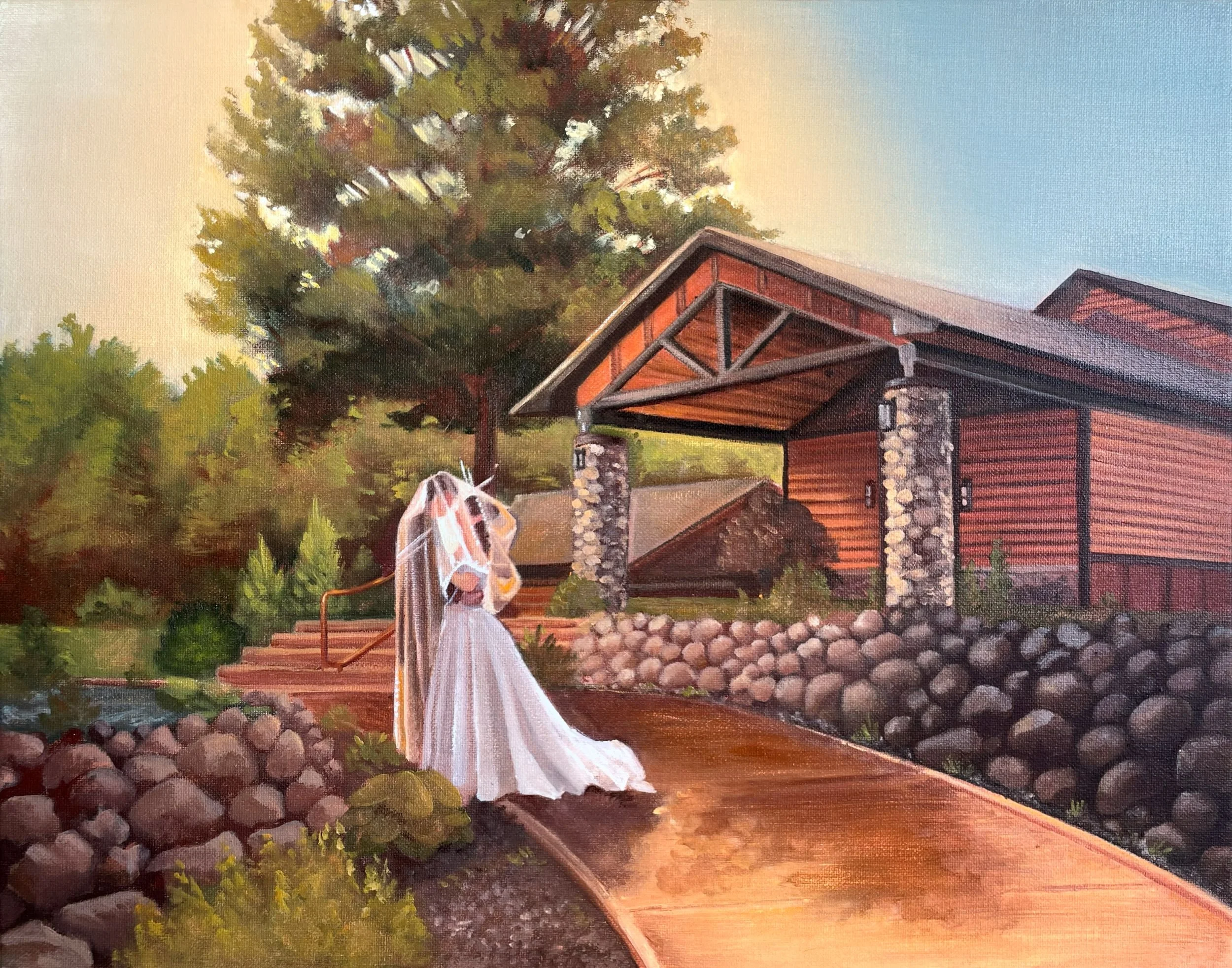Oil painting by Michigan live wedding painter, Alison Slackta. Painting is based on rustic, west Michigan, wedding venue Augusta Creek in Delton Michigan. Live wedding painting near Kalamazoo Michigan, and Grand Rapids Michigan.