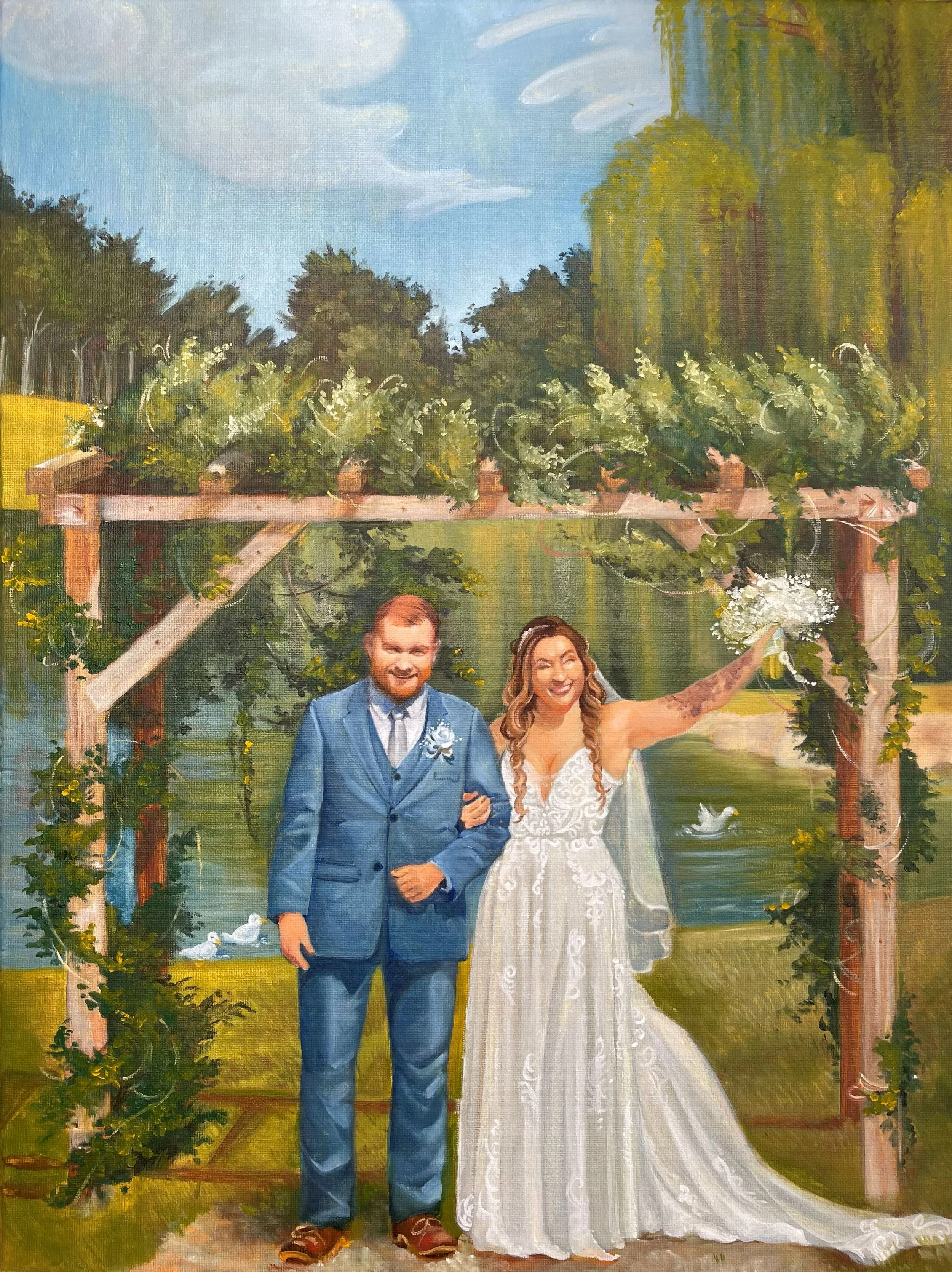 A painting of a wedding scene with a bride and groom standing under a wooden arch decorated with greenery and white flowers. The bride is holding a bouquet and smiling, while the groom is smiling and wearing a blue suit. The background features a lak