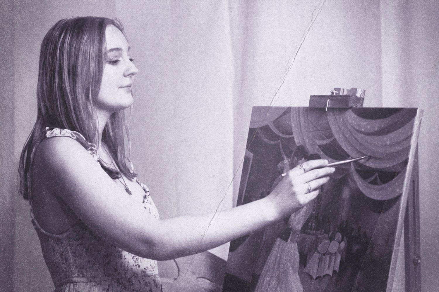 Michigan live wedding painter, Alison Slackta, is painting on a large canvas, which depicts a colorful scene with draped fabrics and figures.