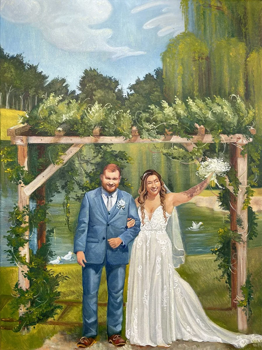 Live wedding painting by Michigan artist, Alison Slackta. The painting is of Westers Family Winery in Rives Junction, Michigan, a Southeast Michigan wedding venue. This is an outdoor venue, a rustic barn venue, in front of a willow tree and a lake.