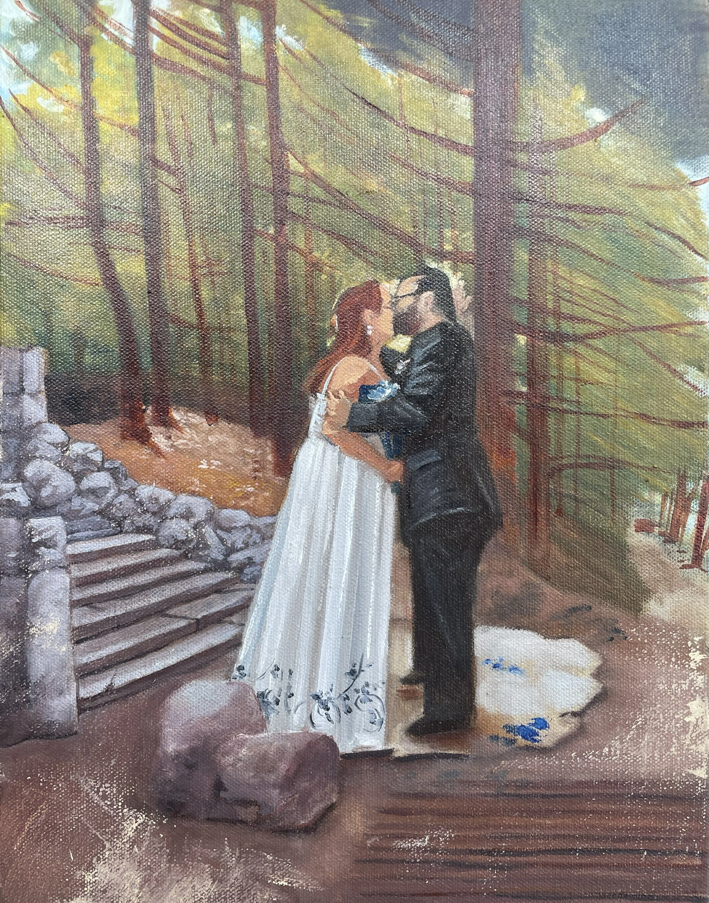 Live wedding painting by Michigan artist, Alison Slackta, of a wedding ceremony outdoors at Richfield County Park in Davison Michigan near Flint.