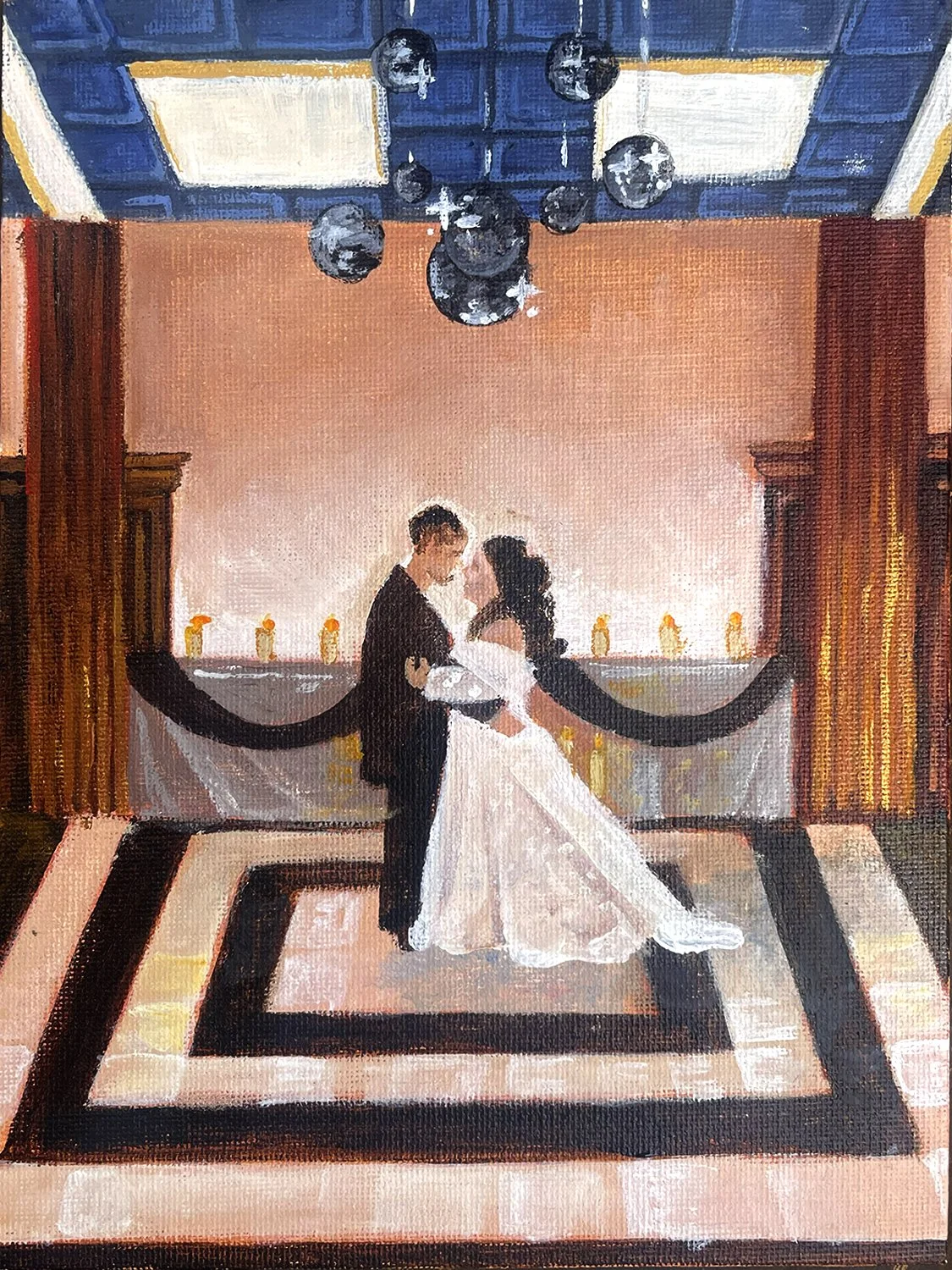 Live wedding painting of the wedding venue The Reverie in Bay City Michigan. Mid Michigan, historical venue, ballroom, new wedding venue, unique wedding venue.  