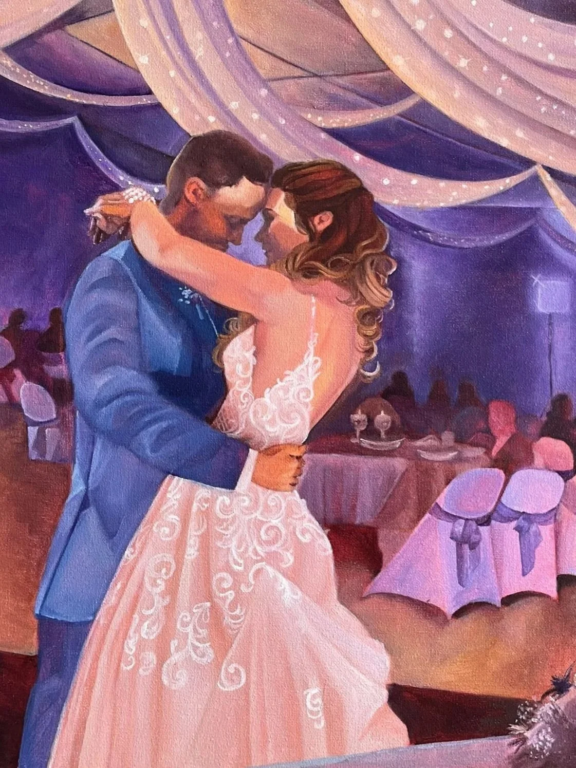 Oil painting of a bride and groom dancing at their wedding reception, with purple and pink drapery overhead and tables with guests in the background. Painted by Michigan live wedding painter, Alison Slackta.
