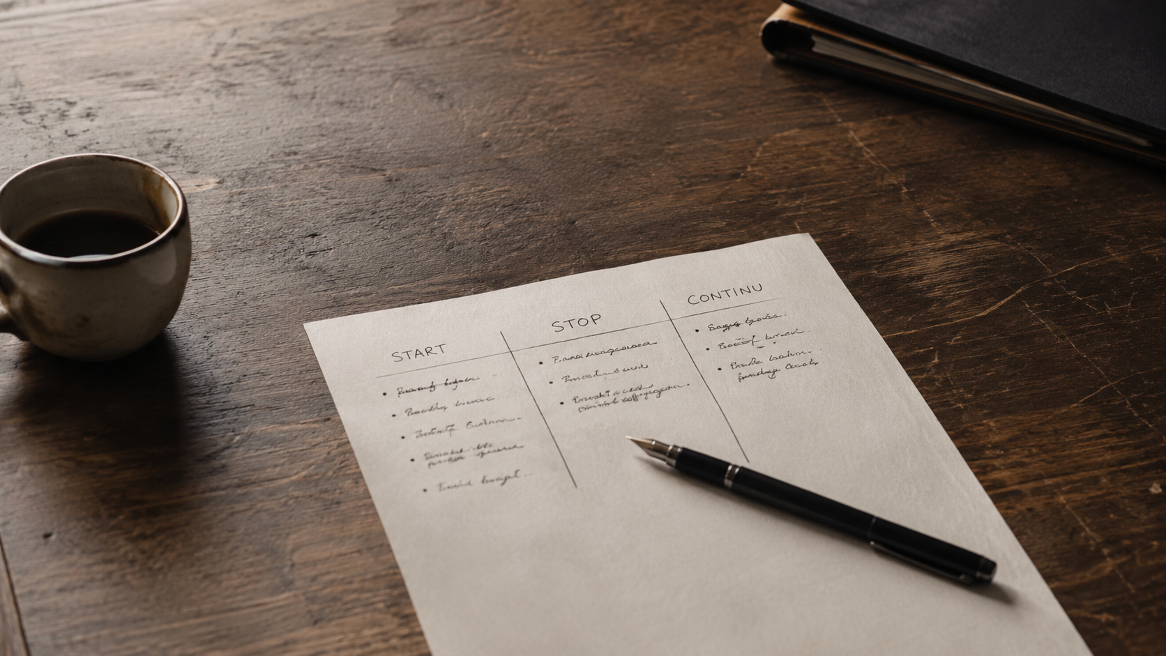 Handgeschreven blad met drie kolommen — Start, Stop, Continu —  oefening voor strategische besluitvorming