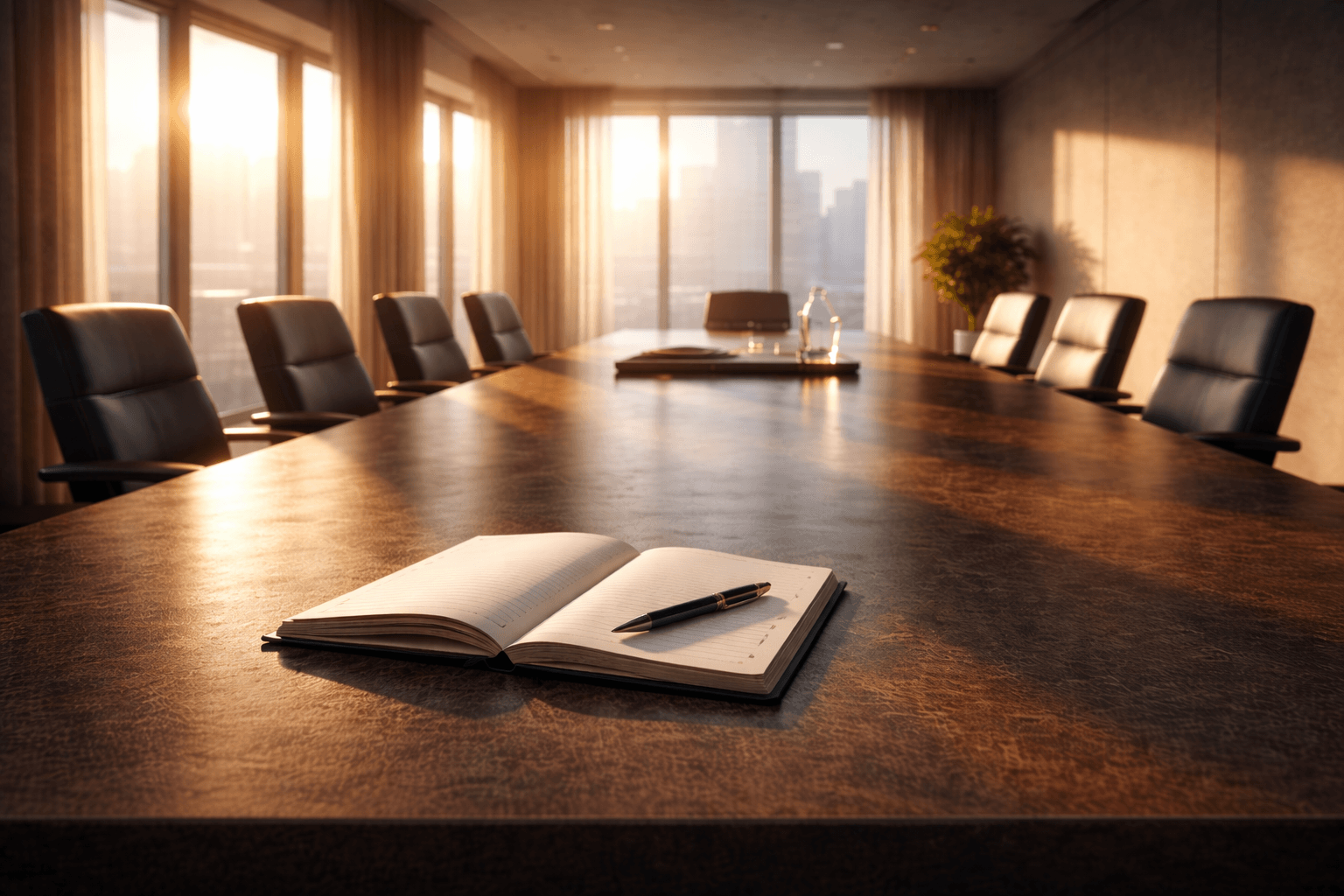 Leeg notitieboek op directietafel in vroege ochtendlicht — symbool voor reflectie en strategische helderheid