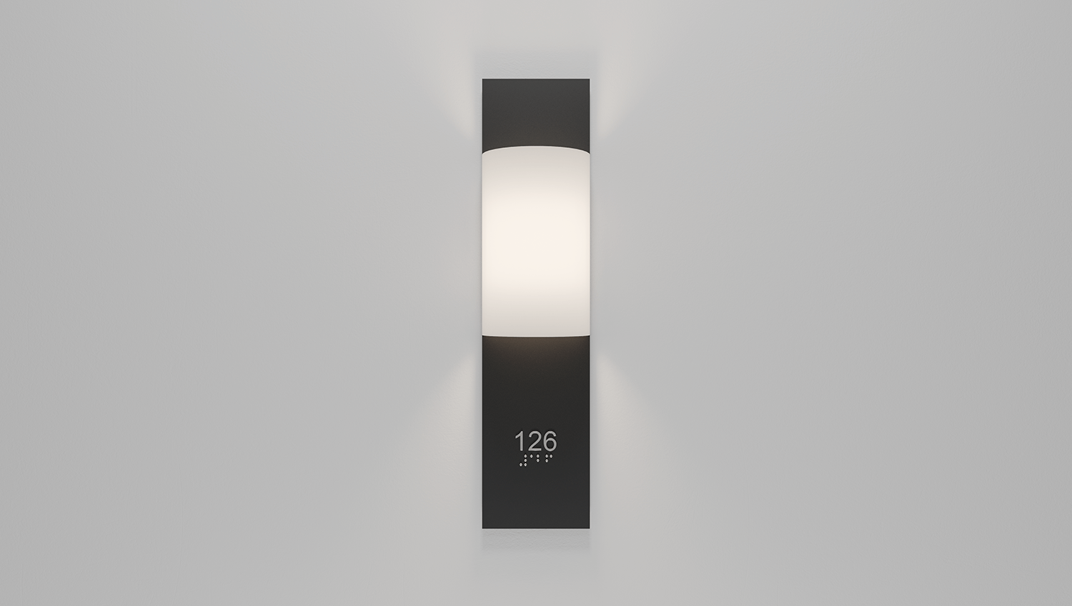 Edwin interior LED wall sconce in Black feature ADA compliant room number and braille