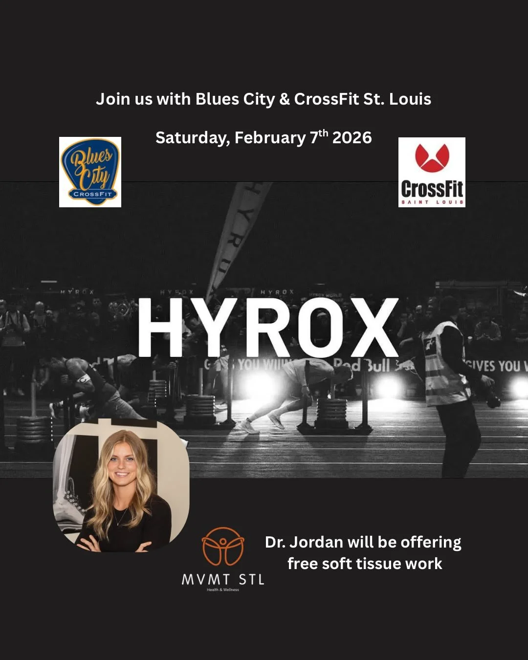 FULL HYROX SIMULATION 

Dr. Jordan will be offering free soft tissue work at tho event next Saturday, February 7th 

This event will be a full hyrox simulation. Grab a buddy and come join us! 

Go to @bluescityathletics link in their bio for more inf