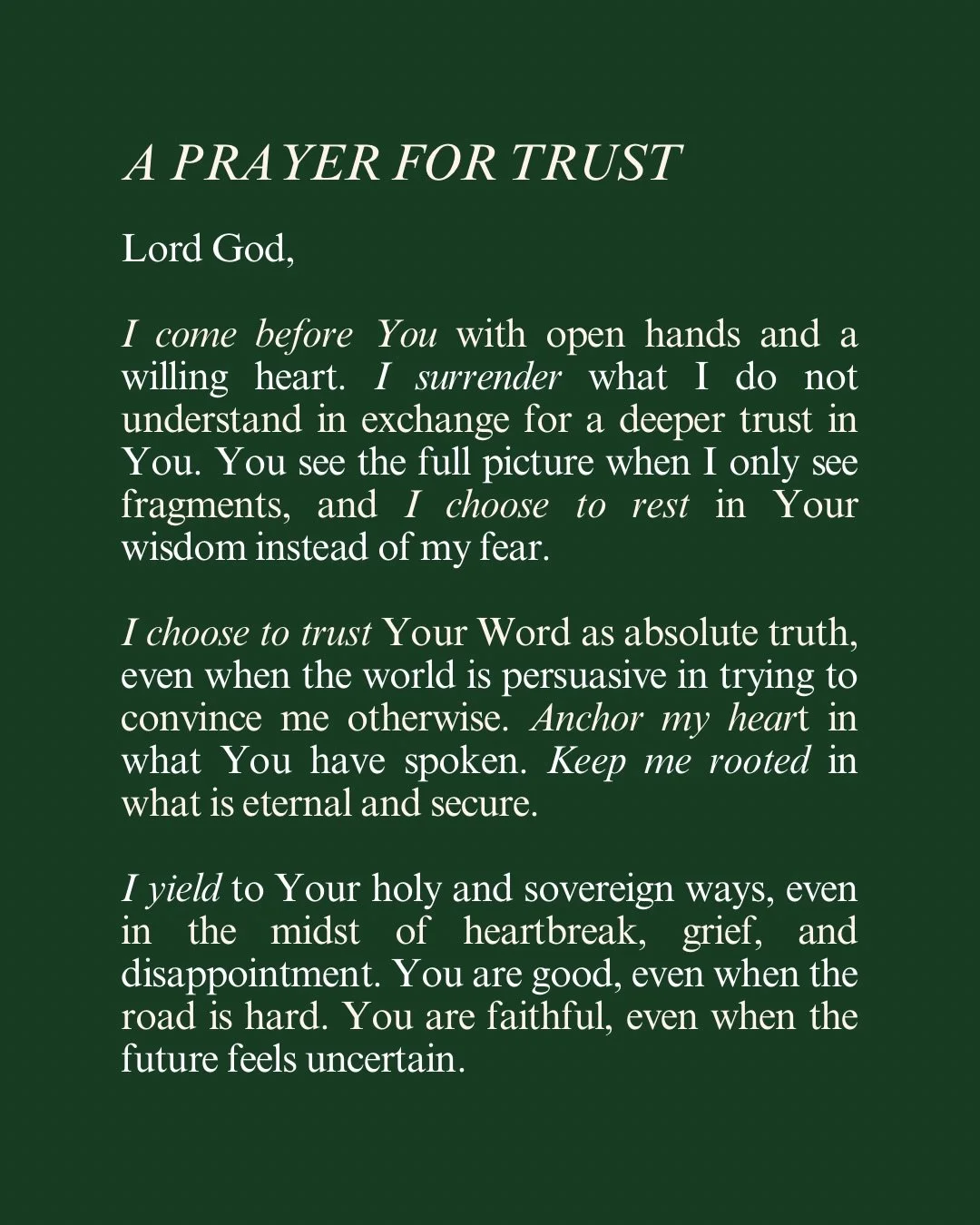 What would it look like to surrender what you don&rsquo;t understand and trust God anyway? 

If you&rsquo;re in a season that feels heavy or unclear, take heart. The same God who sees the end from the beginning is holding every detail and faithfully 