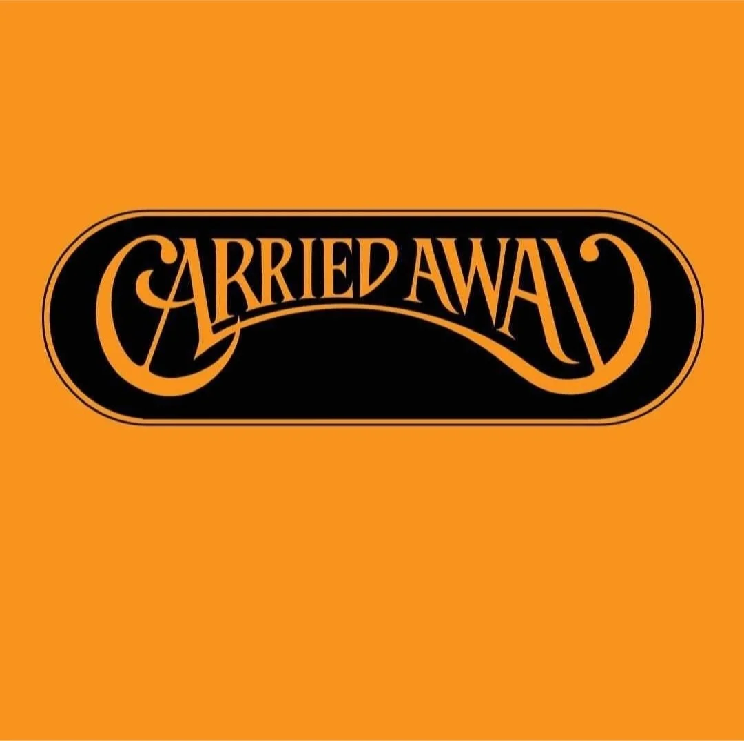 Logo with the words 'Carried Away' in stylized yellow font on a black oval background, set against an orange backdrop.