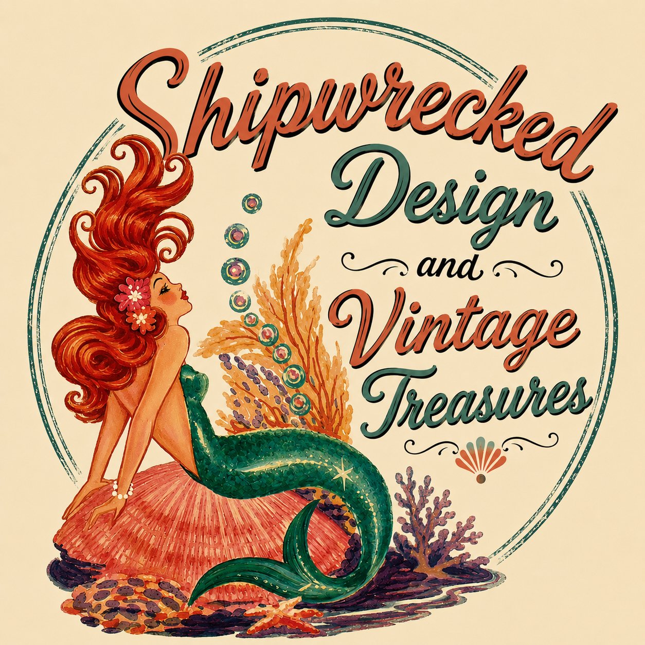 Retro-style illustration of a mermaid with long red hair, sitting on a coral reef, surrounded by underwater plants and bubbles, with the text "Shipwrecked Design and Vintage Treasures".