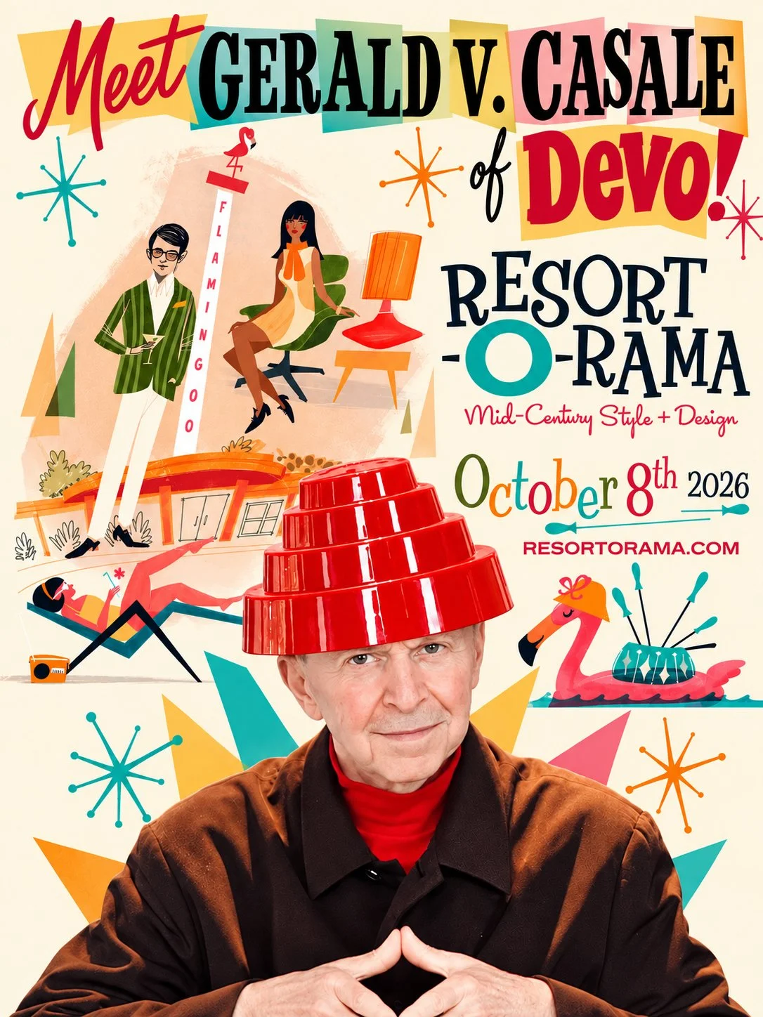 A colorful poster for an event featuring Gerald V. Casale at Resort O-Rama on October 8, 2026, with illustrations of mid-century style furniture, a woman in a bikini, a man holding a drink, a swan boat, and a person lounging by the pool. A man in the foreground wears a red layered hat, sunglasses, and a brown shirt.