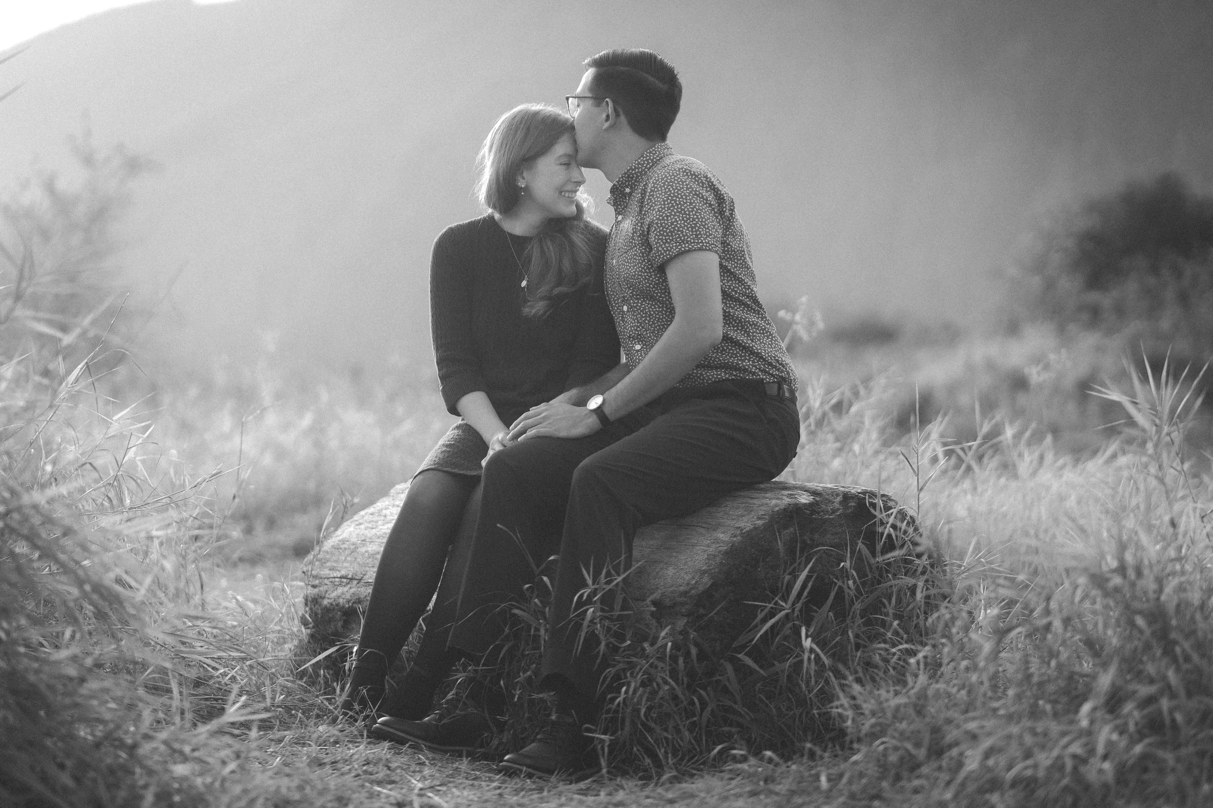 A couple sitting on a large log in a field, with the man kissing the woman's forehead. The image is in black and white, and they are smiling and looking affectionate.