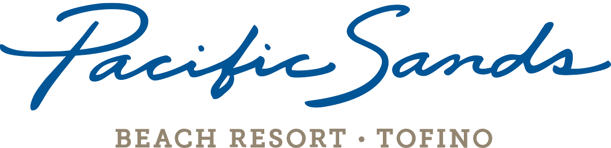 Logo of Pacific Sands Beach Resort in Tofino with stylized blue cursive text and black block text