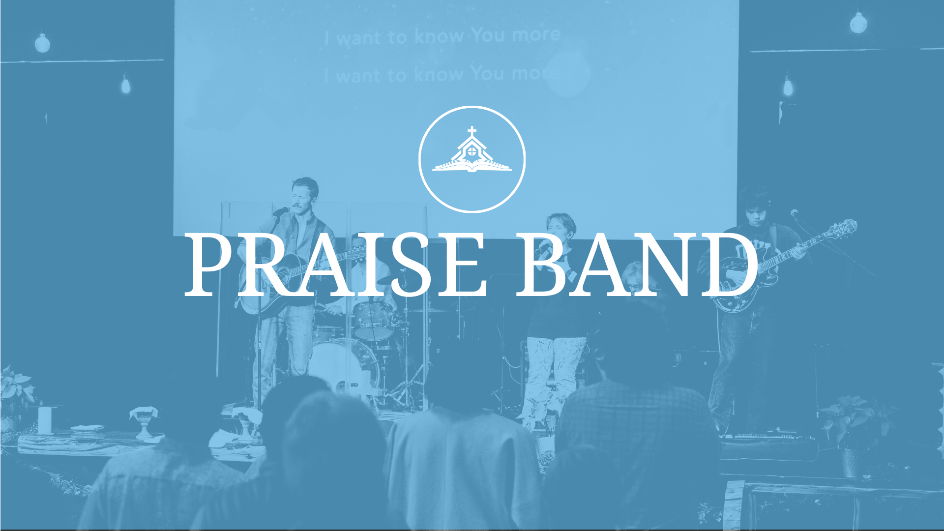 A band performing on stage at a church service, with an audience watching, and a screen displaying lyrics. The text 'praise BAND' appears on a purple banner.