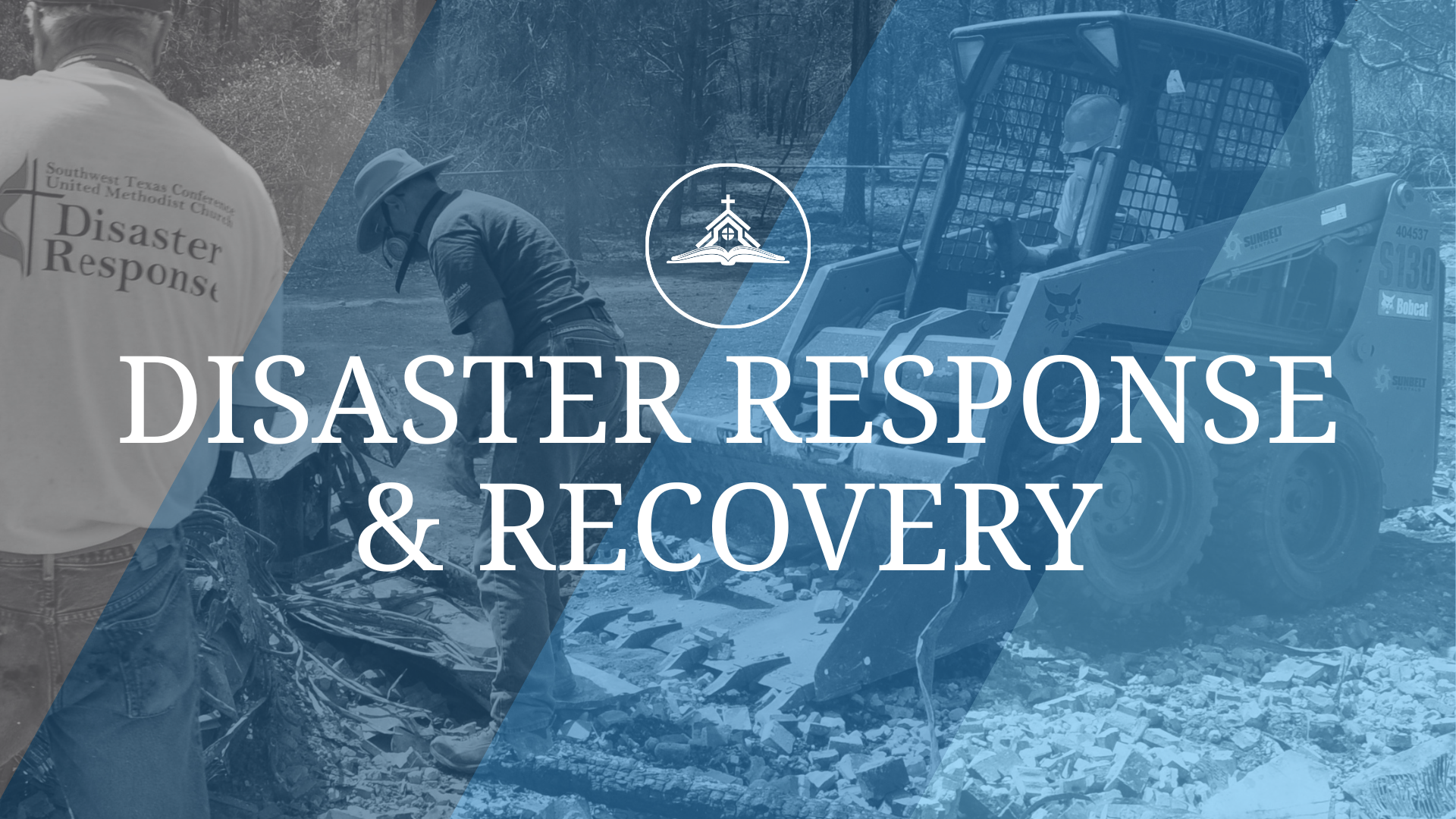 People responding to a fire in a burnt forest, with rescue workers and heavy machinery, overlaid with text 'Disaster Response Response and Recovery'