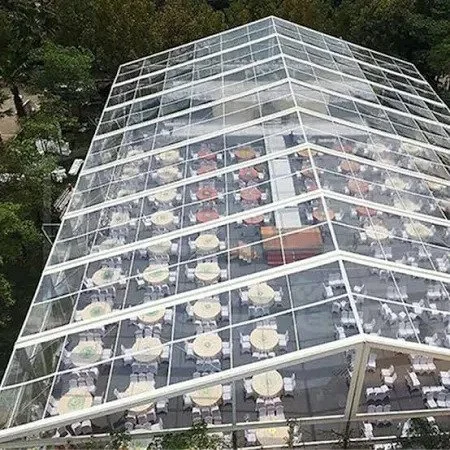 Clear span event tent installed for a large outdoor corporate or festival event.