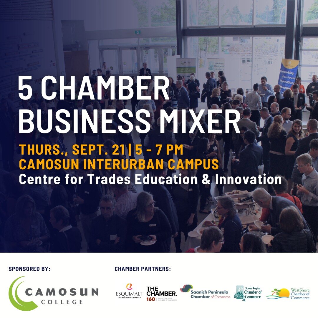 🎉 Join Us! &ndash; the 5 Chamber Mixer, an annual joint mixer bringing together great businesses from the @esquimaltchamber, the @victoriachamber, the @saanichpeninsulachamber, the @sookechamber, and the @westshorechamber!

Proudly sponsored by @cam