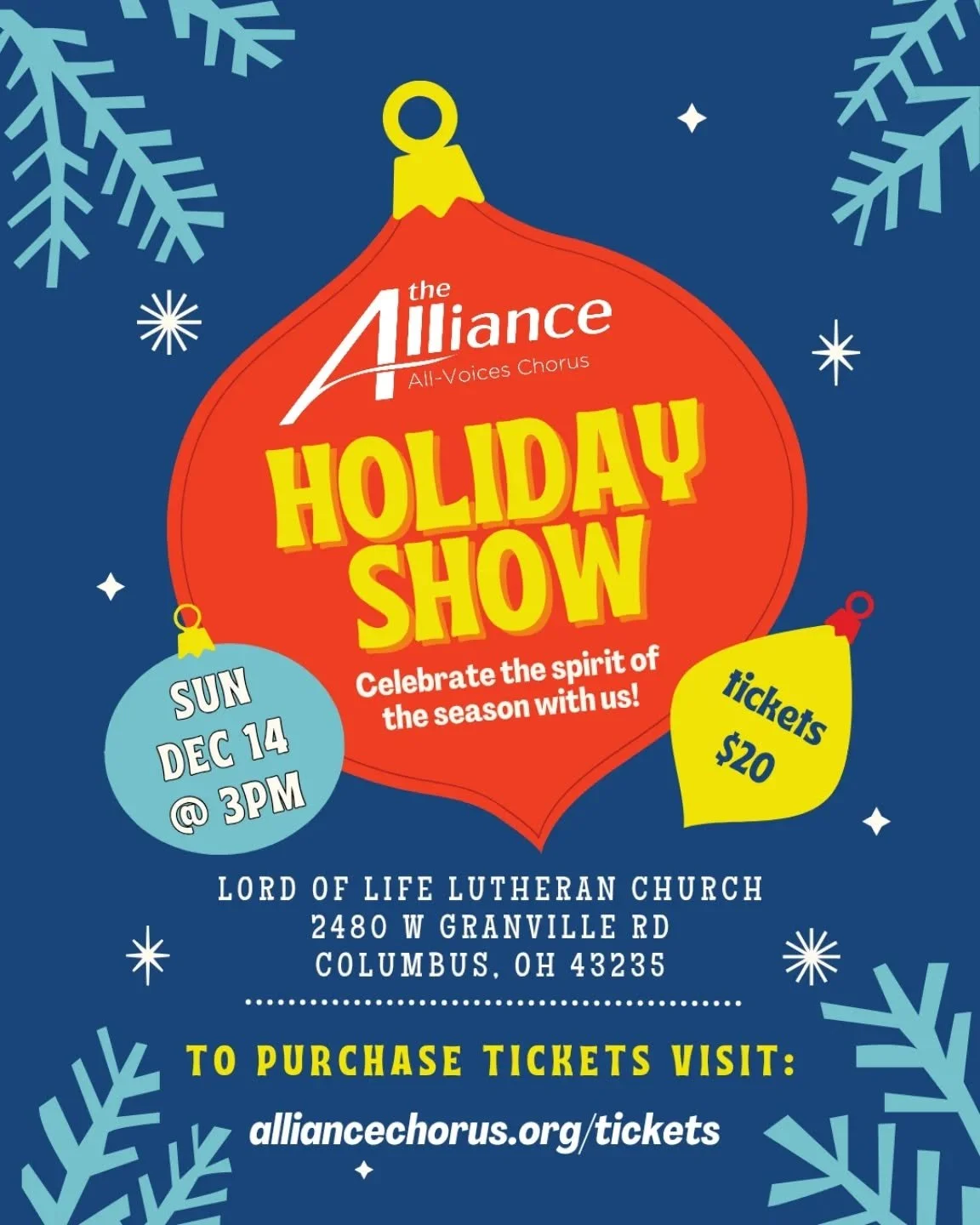 Celebrate the spirit of the season with The Alliance at our annual Holiday Show! 

Our diverse chorus, featuring talented quartets and ensembles, promises an evening filled with the joy of singing. Connect with our community and experience the uplift