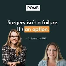 A promotional poster with the POMB logo, featuring a woman with glasses and long hair, and a young woman with blonde hair, promoting surgery as an option, with the text 'Surgery isn't a failure. It's an option.'