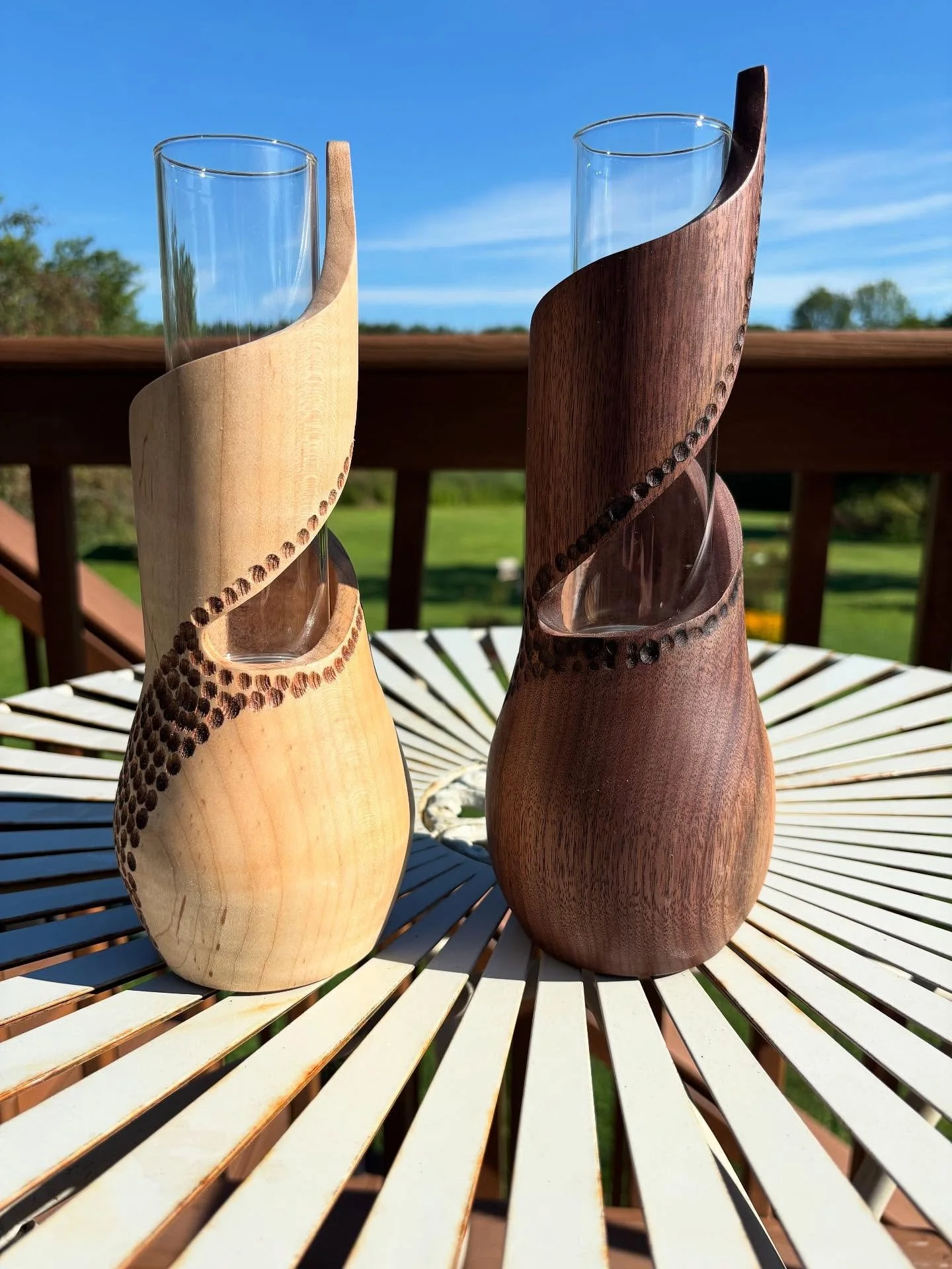 A couple of vases ready for fresh cut flowers. This weekend at Chesterton European Market. #woodturnedvases #woodworker #woodturningcommunity #woodart #woodlatheworker #chestertoneuropeanfarmersmarket #chestertoneuropeanmarket #woodworkinglathe