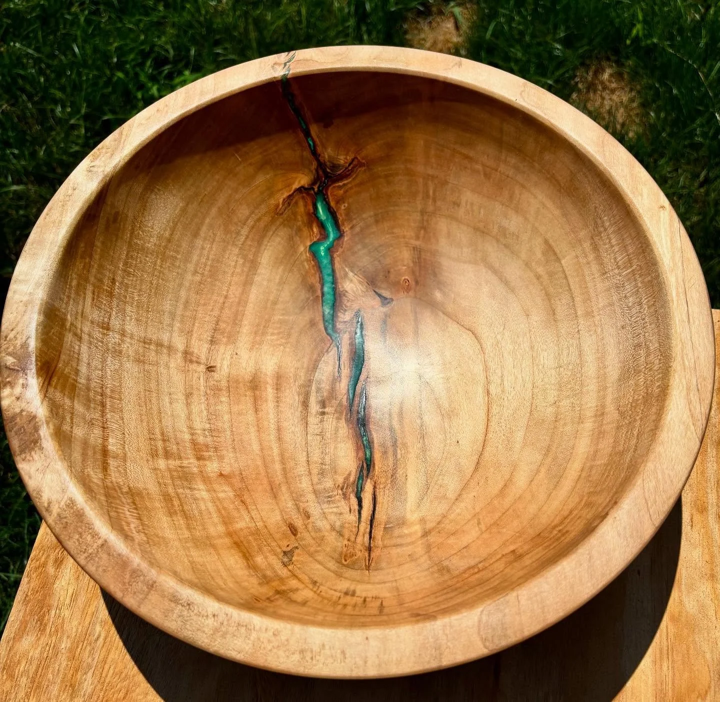13 inch Maple bowl with a little resin accent.  This weekend at Chesterton European market.  #chestertonindiana #chestertoneuropeanmarket #woodturnersofinstagram #woodbowl #woodartisan #woodworker #woodturningshop #woodturningproject