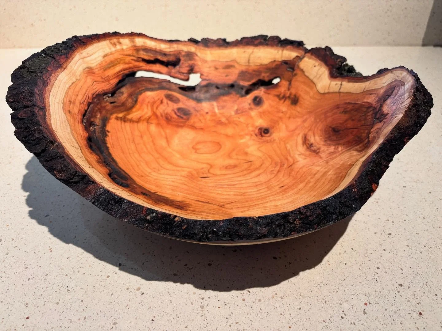 Natural edge cherry bowl with a little help from some ants.  Wood compliments of Modus Pottery! #woodturnersusa #woodturnersofinstagram #liveedgewood #cherrybowl #woodartisan #moduspottery #woodturningfun #naturalwooddesigns #naturaledgecherry #woodt