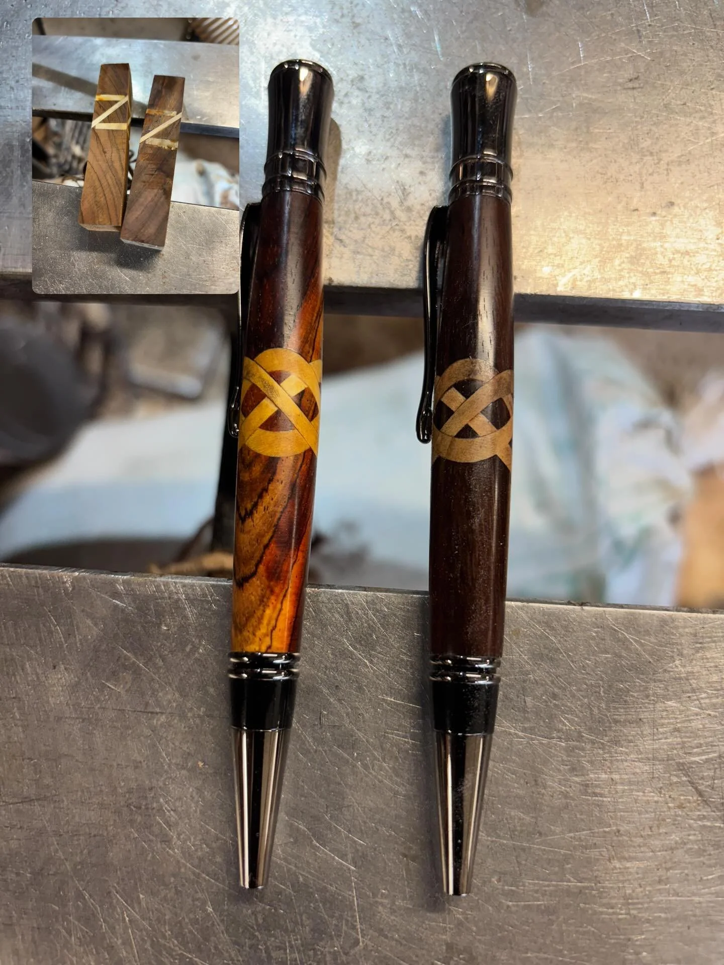 Celtic knot pens make great Father&rsquo;s Day gifts.  Check out the before and after pictures.  See the whole collection at the Chesterton European market Saturday June 14 from 8AM -2PM.  #chestertoneuropeanmarket #celticknotwork #woodturnedpens #wo