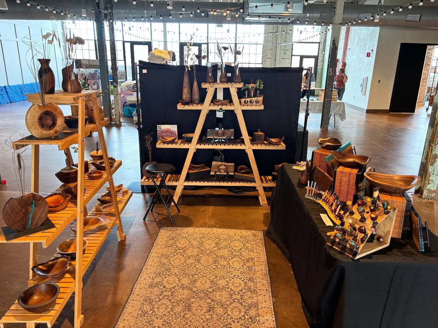 All set up and ready for the weekend!  Journeyman Distillery in Valparaiso,IN (upper level, west wing). #journeyman_distillery #weekendgetaway #woodworker #woodturnersusa #woodartist #walnutwoodart