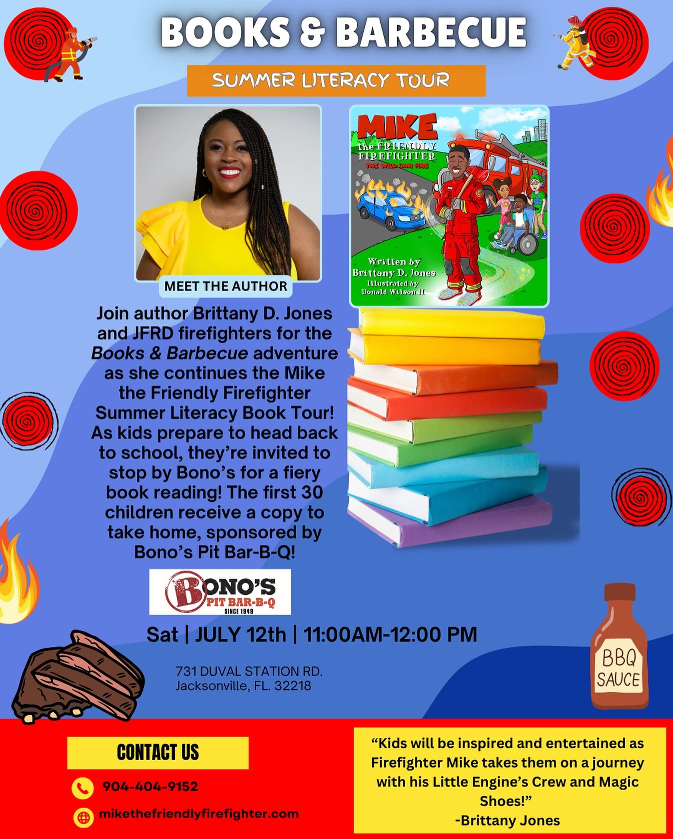 HAPPY MONDAY! #icymi Friday, we announced a very exciting #mikethefriendlyfirefighter #bookreading with @bonospitbbq on July 12th @ 11am! Mark your calendars π
βοΈCome on out as we celebrate #literacy and encourage #summerreading π Details are on the