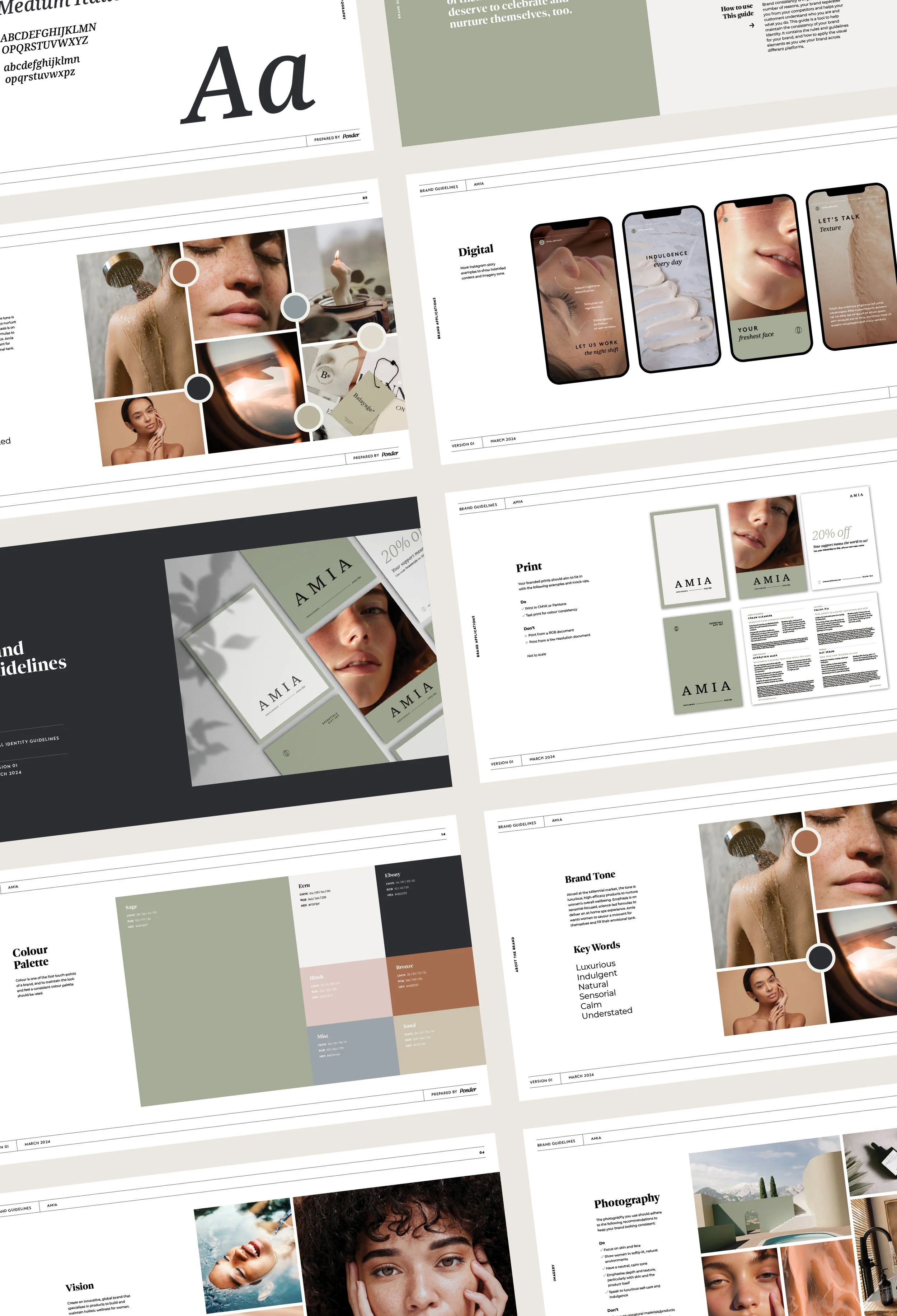 Image of multiple pages from Amia Skincare brand guidelines