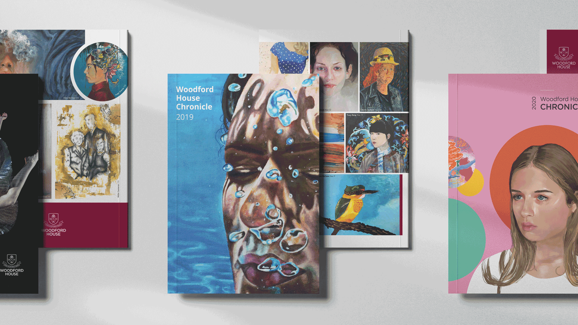 Animated GIF of Woodford House Chronicle front and back covers from 2019 to 2025