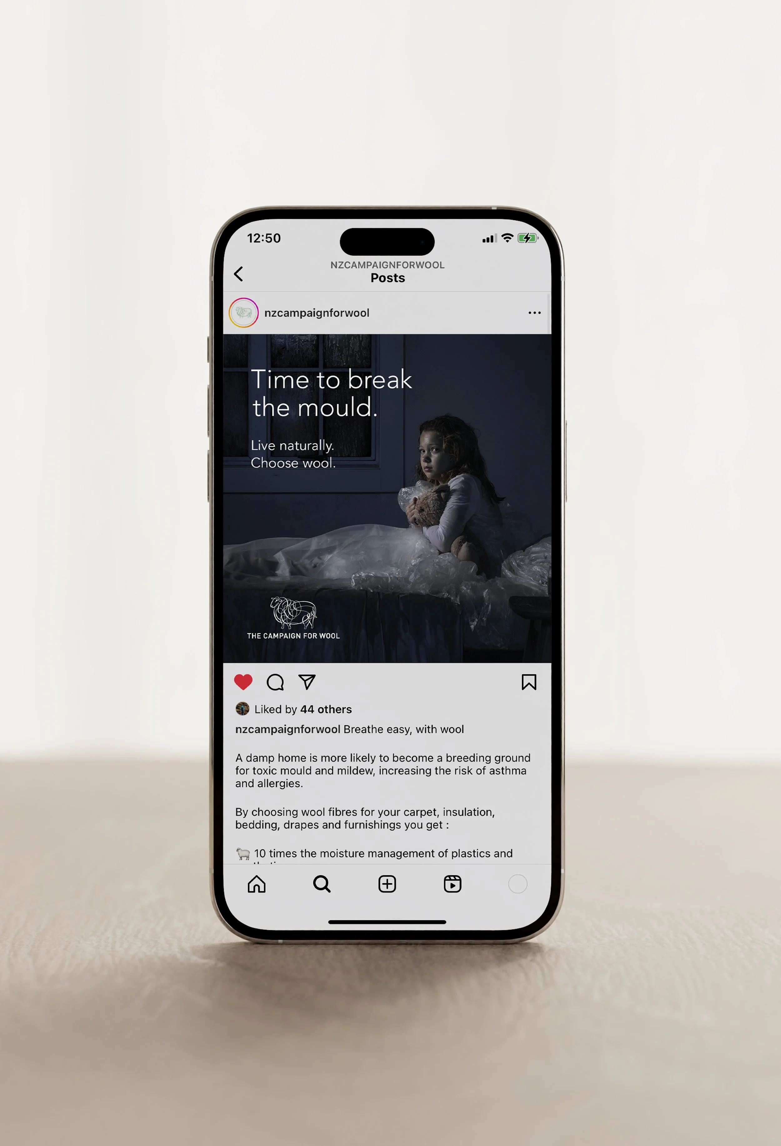 Mobile phone displaying Instagram post for Campaign for Wool's ad series, "Choose Wool".