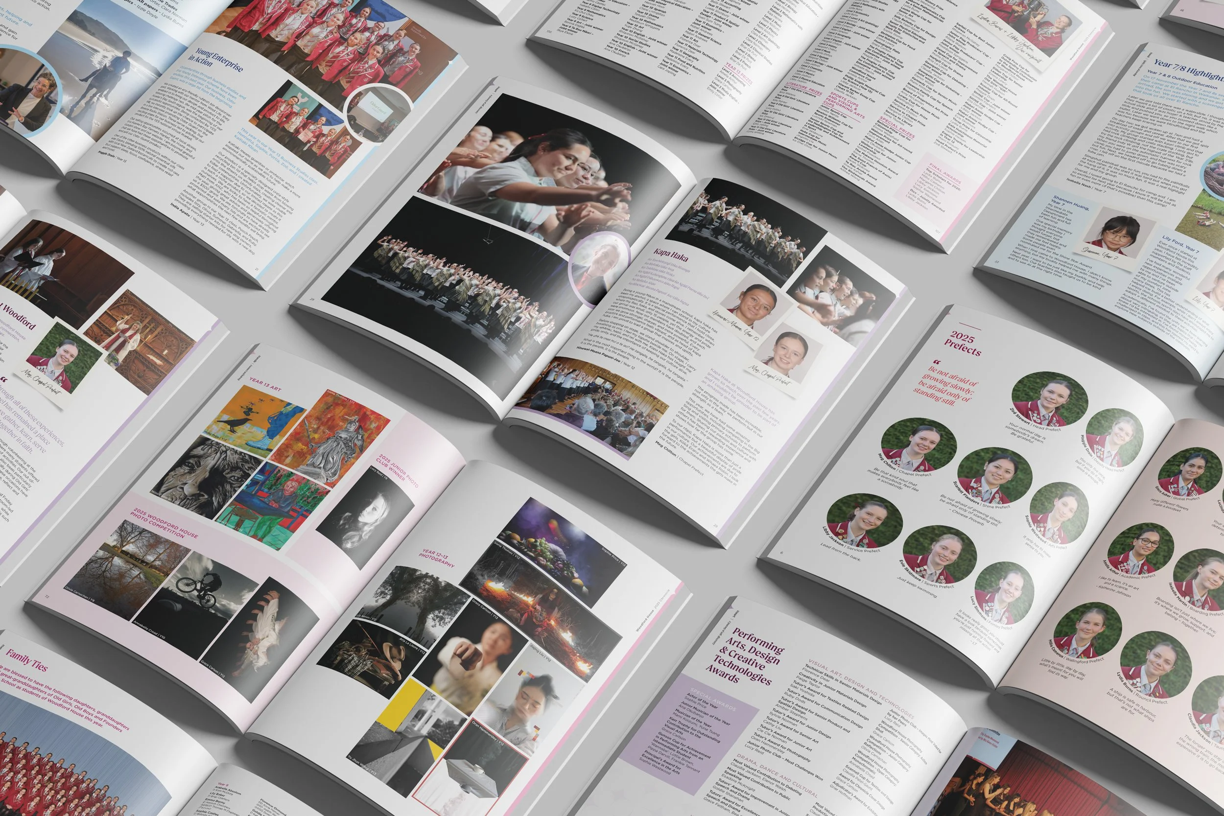 Image showing multiple page spreads from 2025 edition of Woodford House Chronicle