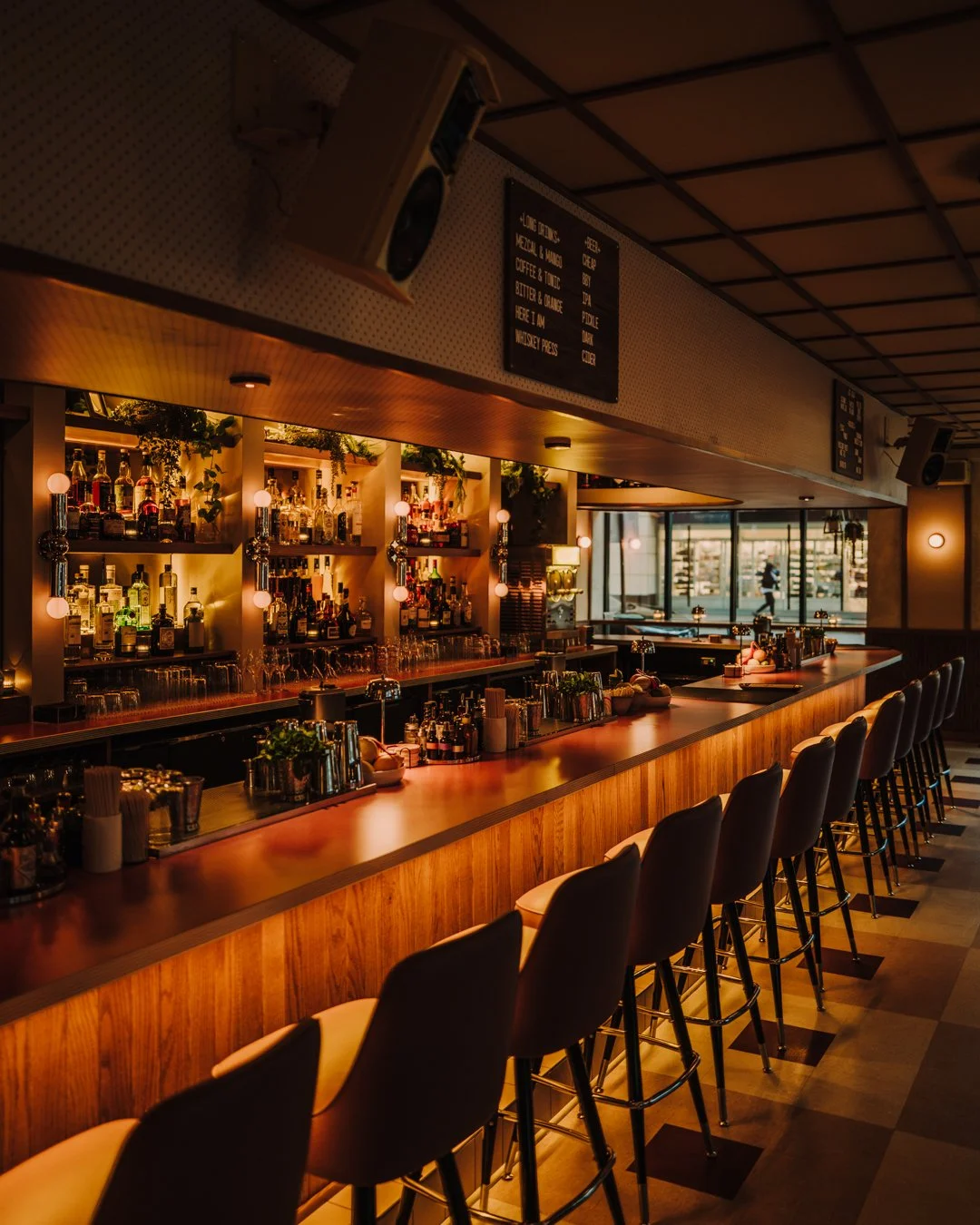Double Fun back bar shelving and lighting designed by Siren Betty Design.