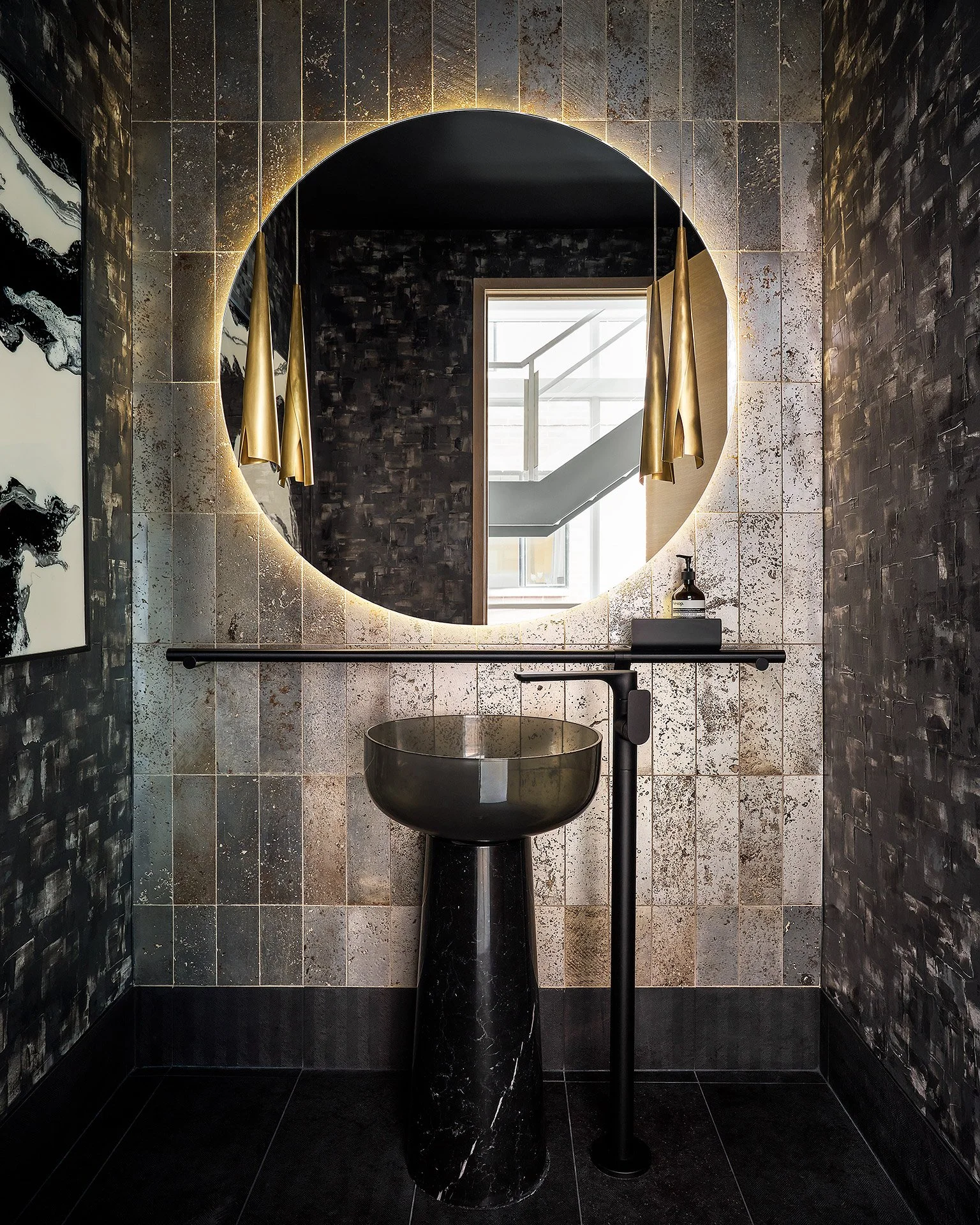 Private Residence luxe powder room with moody tile walls, and a glass pedestal sink by Siren Betty Design.