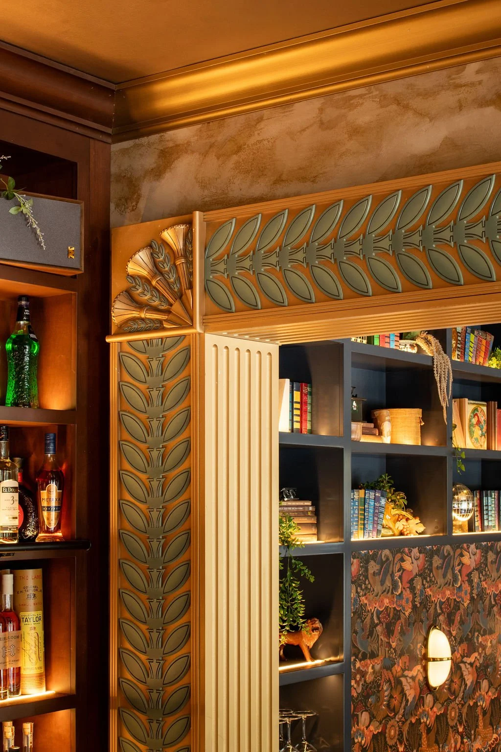 Custom architectural millwork detail in the Eaves restaurant interior by Siren Betty Design.