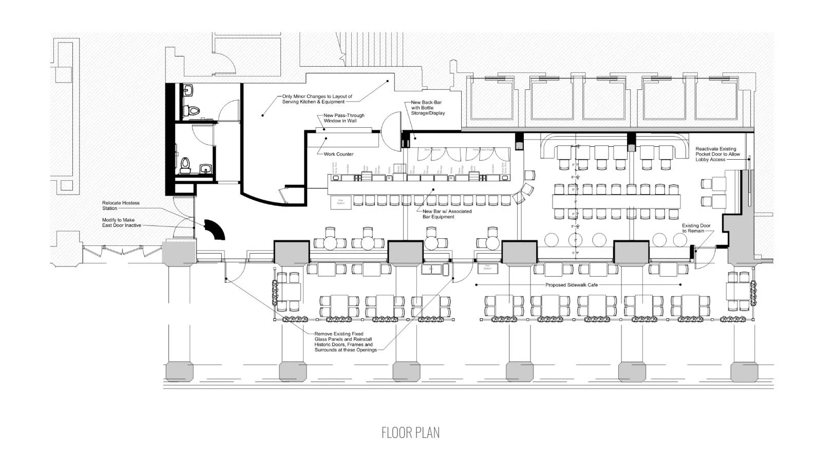 Siren Betty Design construction documentation showing a restaurant floor plan with seating layout, bar design, and kitchen updates.