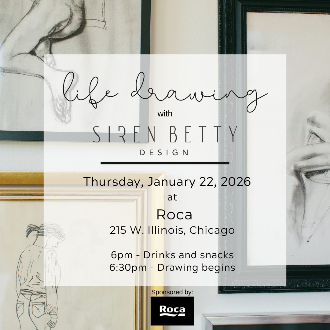 Life drawing event graphic for Siren Betty Design at Roca featuring charcoal figure artwork and event details for January 22, 2026.