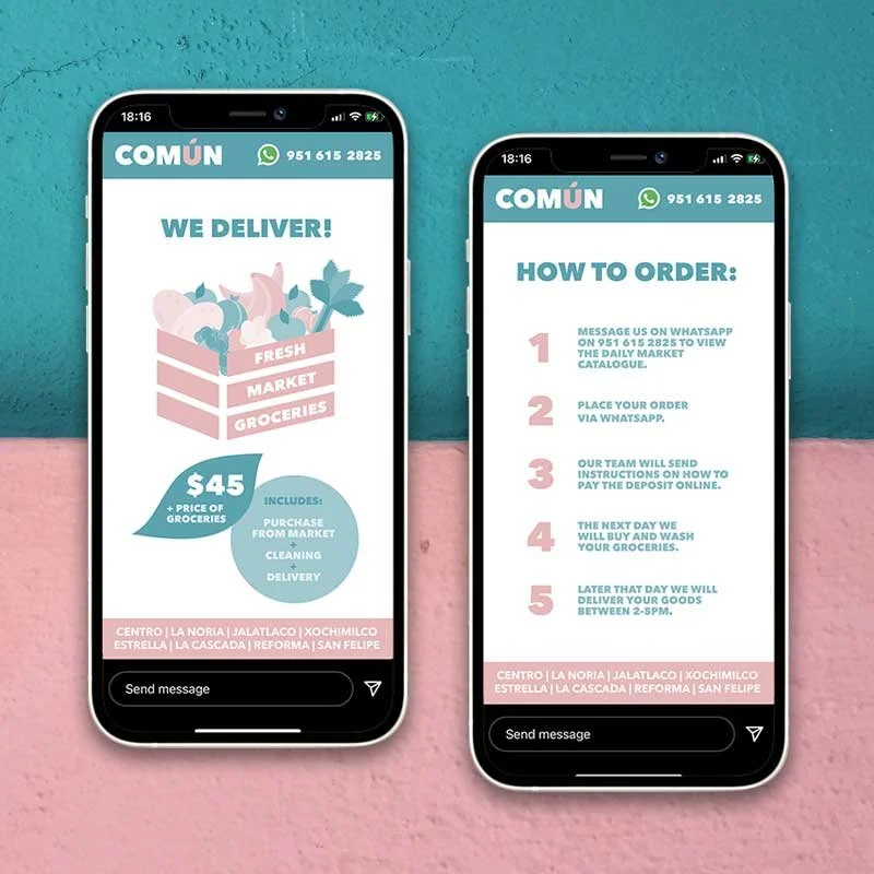 Two mobile phones against a teal and pink background featuring artwork for COMUN