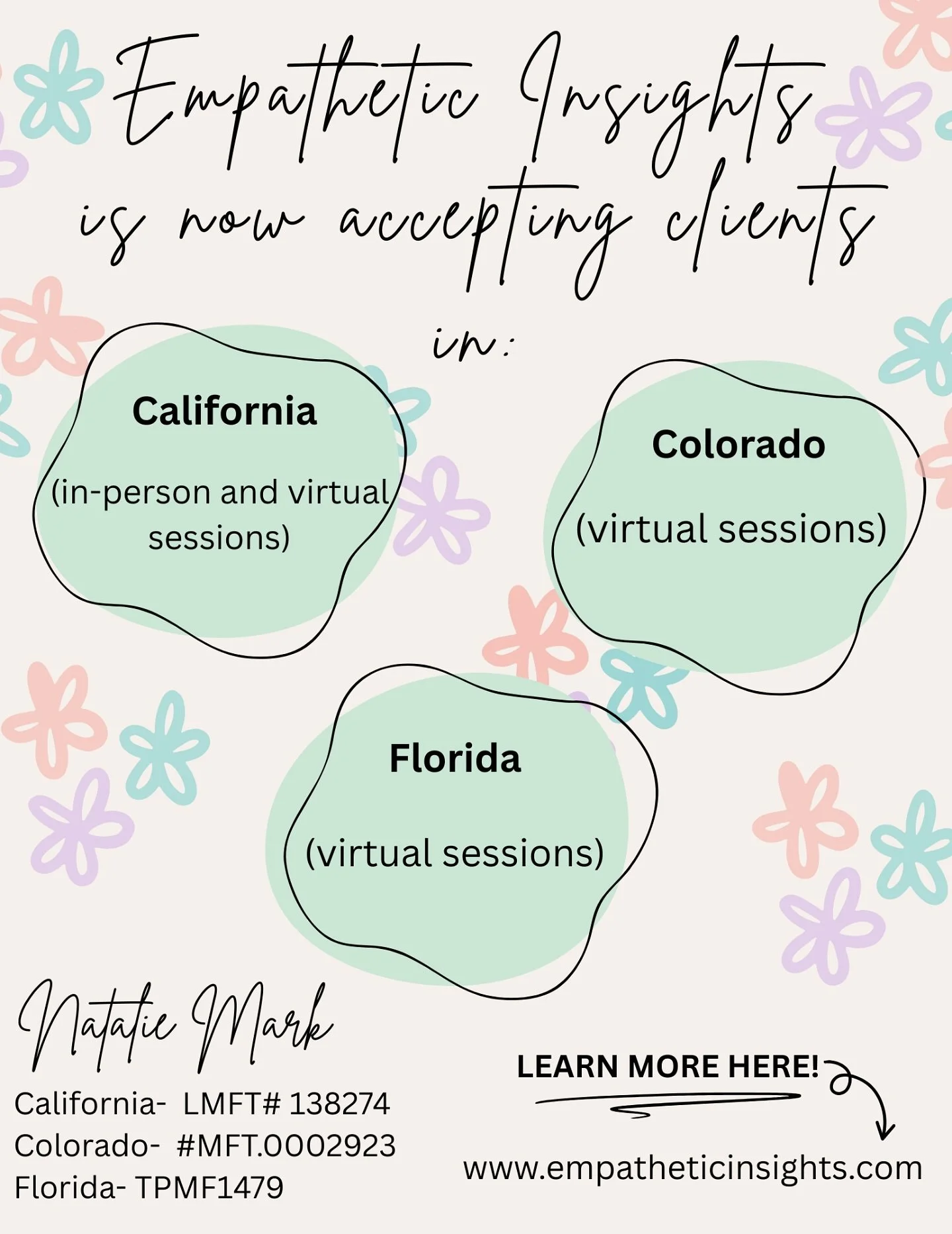 Update!!! Empathetic Insights is now able to support clients in CA, CO, and FL!! ☀️