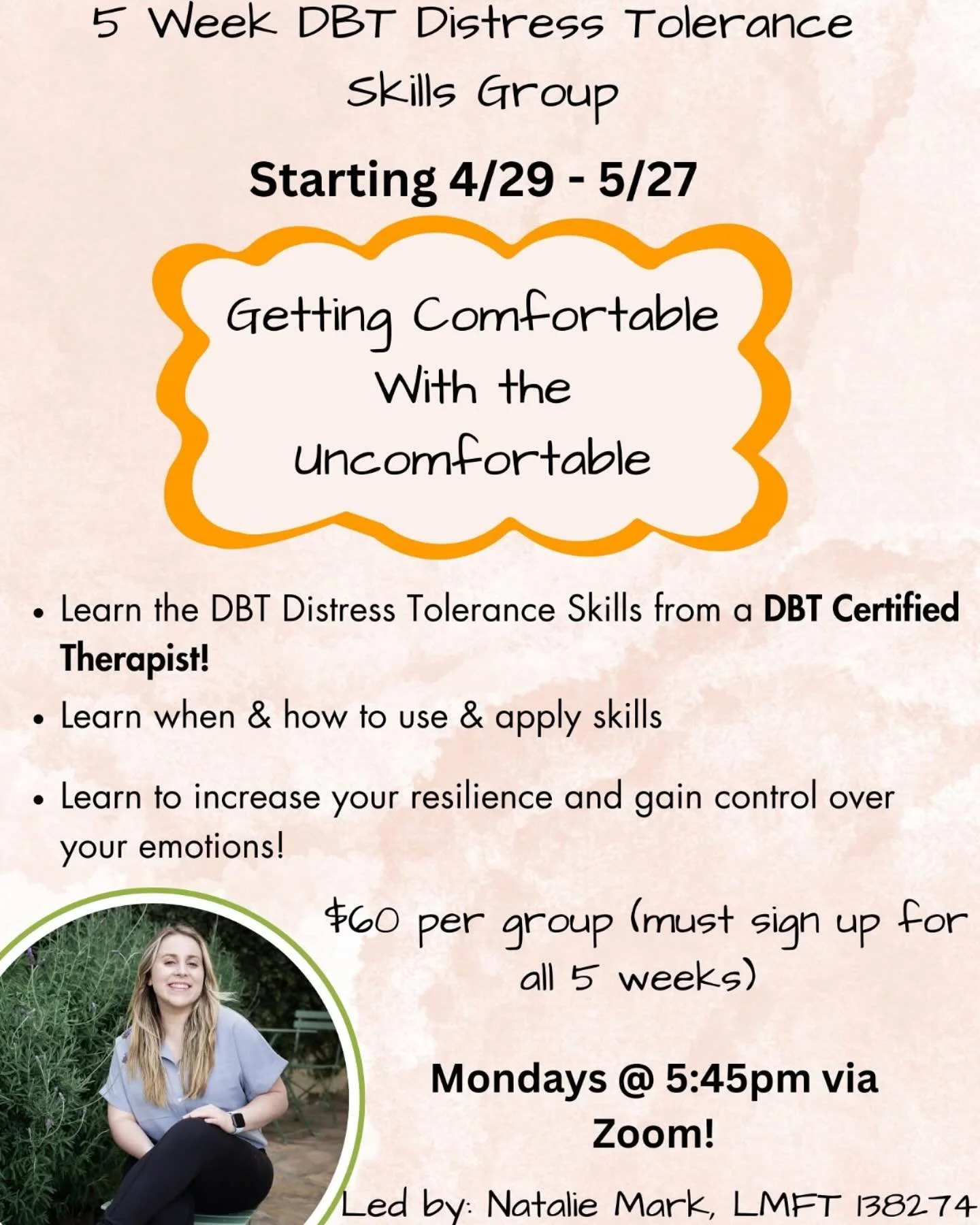 Hi all! I am excited to announce that I am going to be starting a group at the end of this month! I have 8 spots available- if you know anyone that would benefit from learning the distress tolerance module of DBT send them my way!! They can reach me