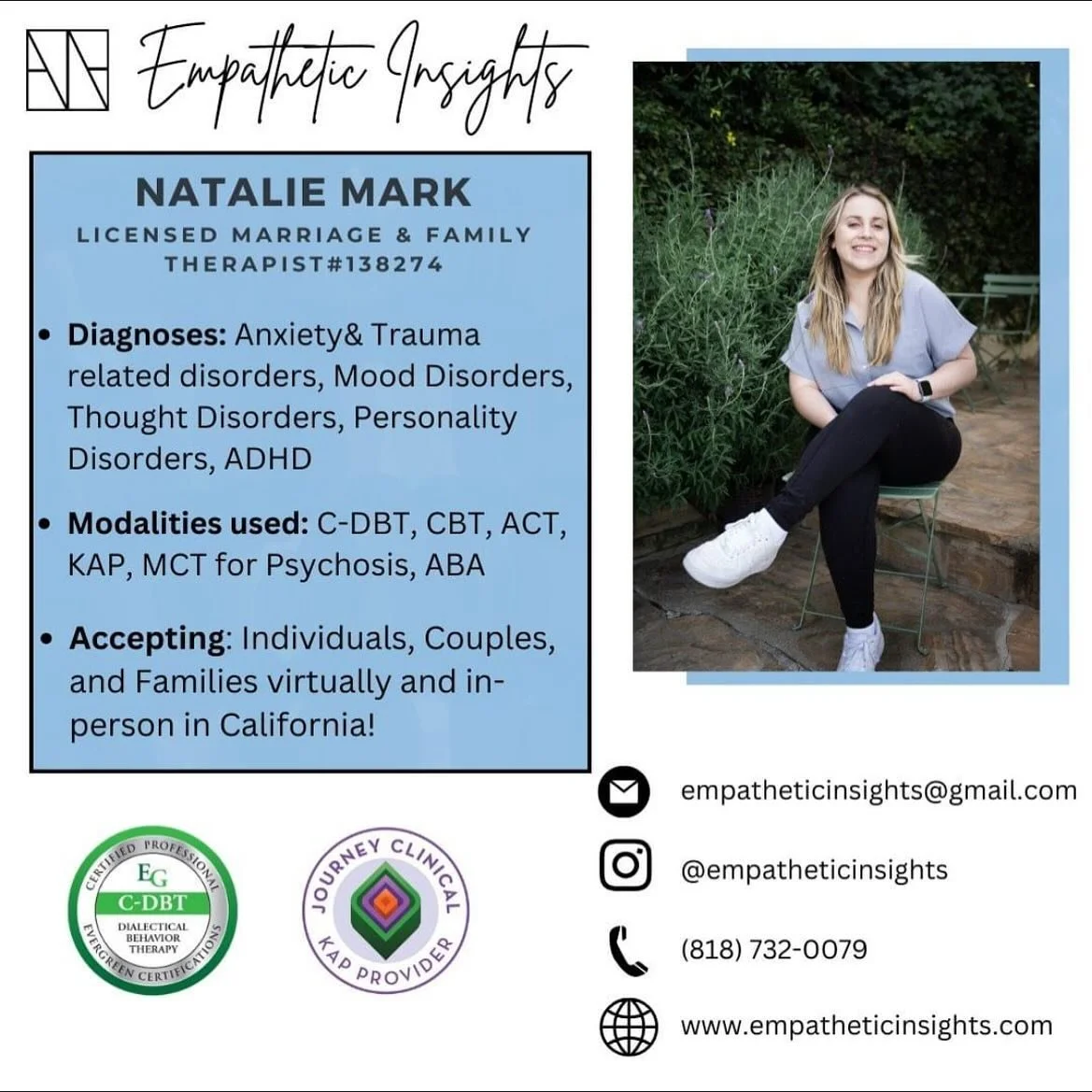Happy Monday everyone! My name is Natalie Mark. I am an LMFT holding space for clients in California. I have availability to see clients in person and via telehealth. I am skilled in a variety of modalities and work with a diverse set of diagnoses an