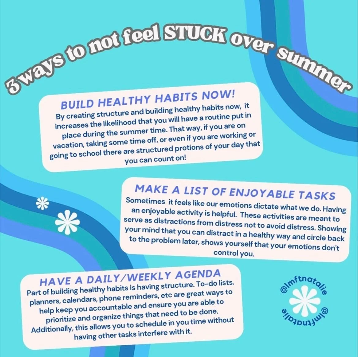 3 ways to be “Stuck Free” this summer! #healthyhabits #therapy #onlinetherapyworks #lmftlife #summerhabits #unstuck