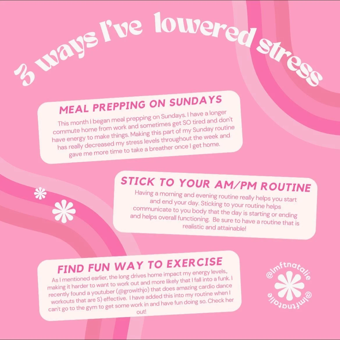 Try LOWERING YOUR STRESS doing these three things! I have been noticing a big decrease in stress levels since starting up with this. What helps to decrease your stress? #lessstress #stress #anxiety #selfcare #habits #therapy #sundayfunday #therapist