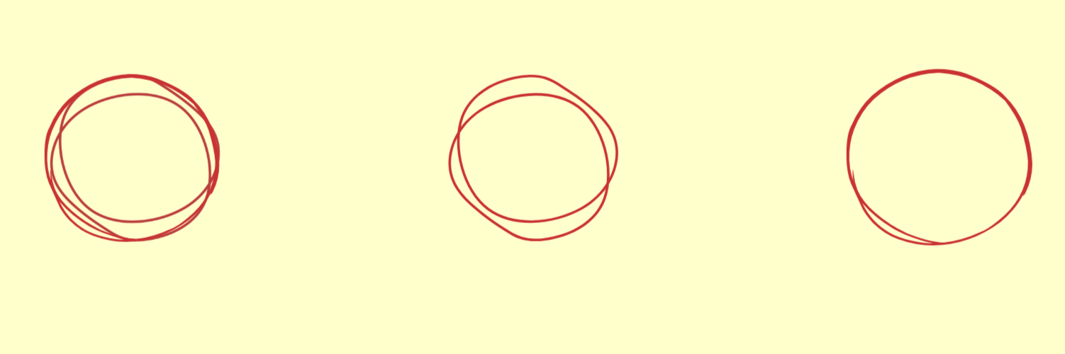 Three circles drawn with red lines on a light yellow background, with different sizes and overlapping patterns.