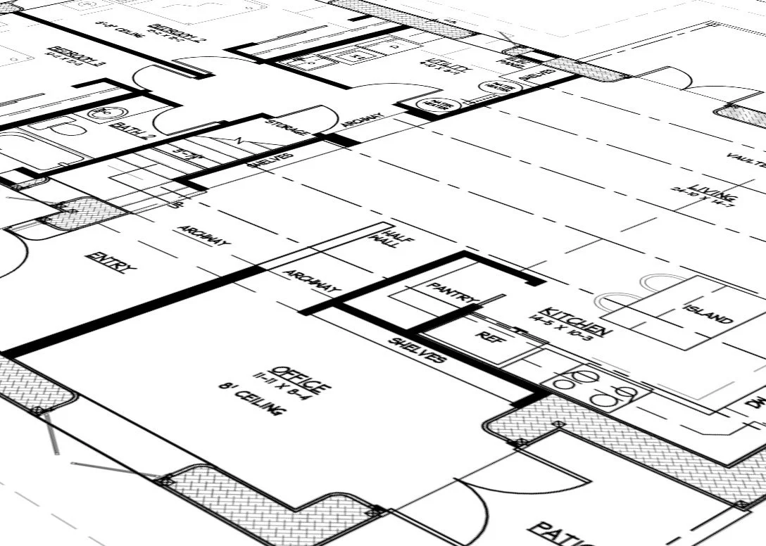 Architectural blueprint drawing of a house showing rooms labeled as office, kitchen, pantry, and living room with detailed lines and measurements.