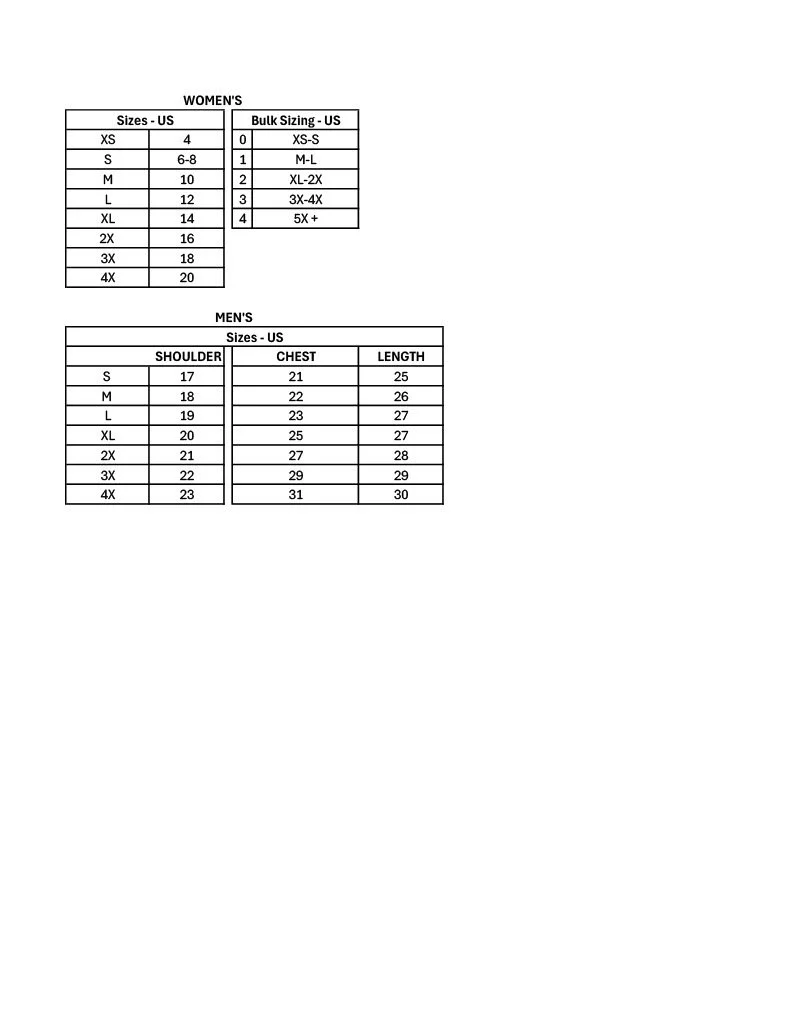 Size conversion chart for women's and men's clothing, showing US sizes, bulk sizing, shoulder, chest, and length measurements.