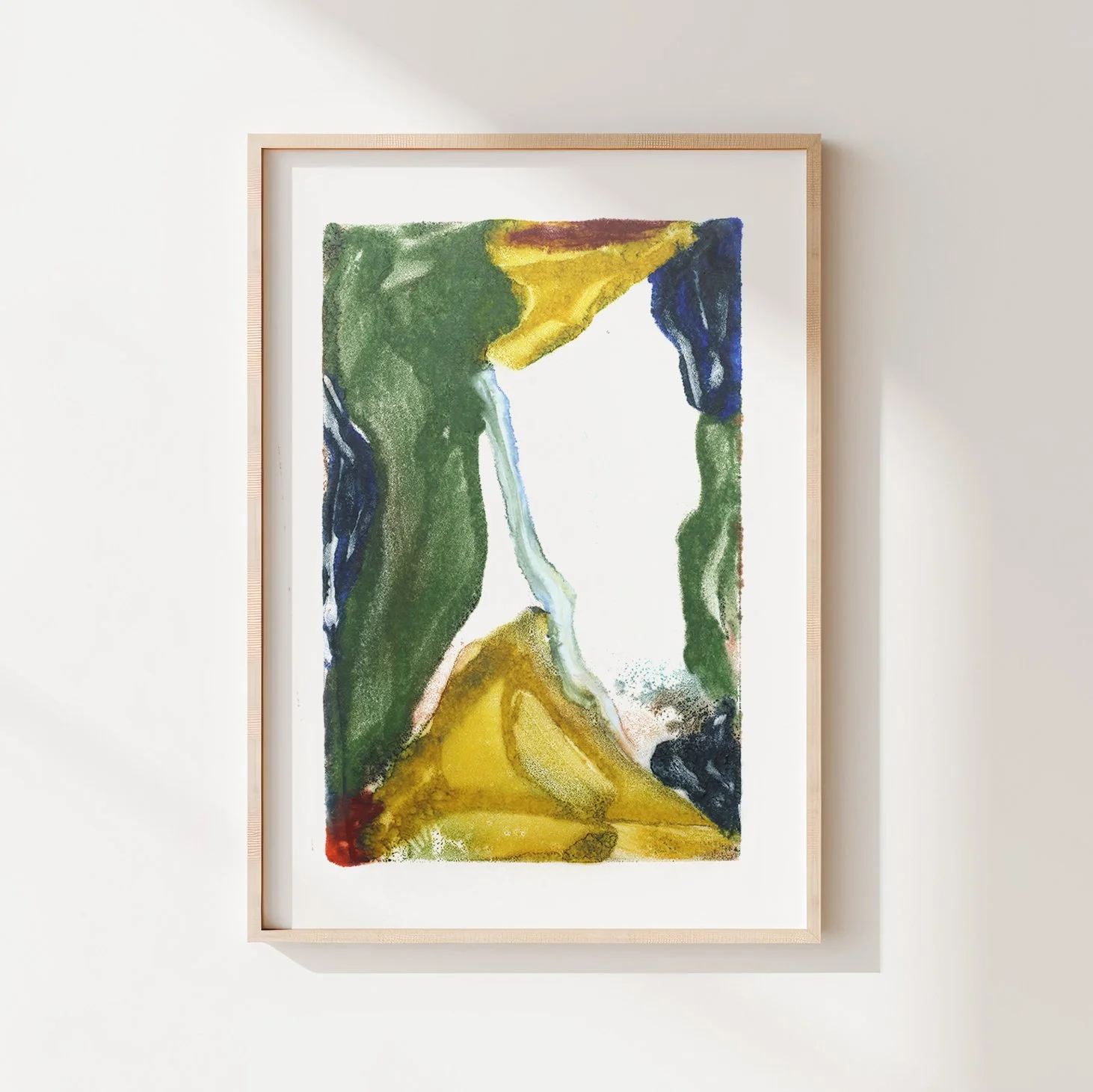 Headwaters, abstract encaustic monotype on abaca paper by Melissa McGill, with green, ochre, and deep blue fields converging around a narrow pale blue passage.