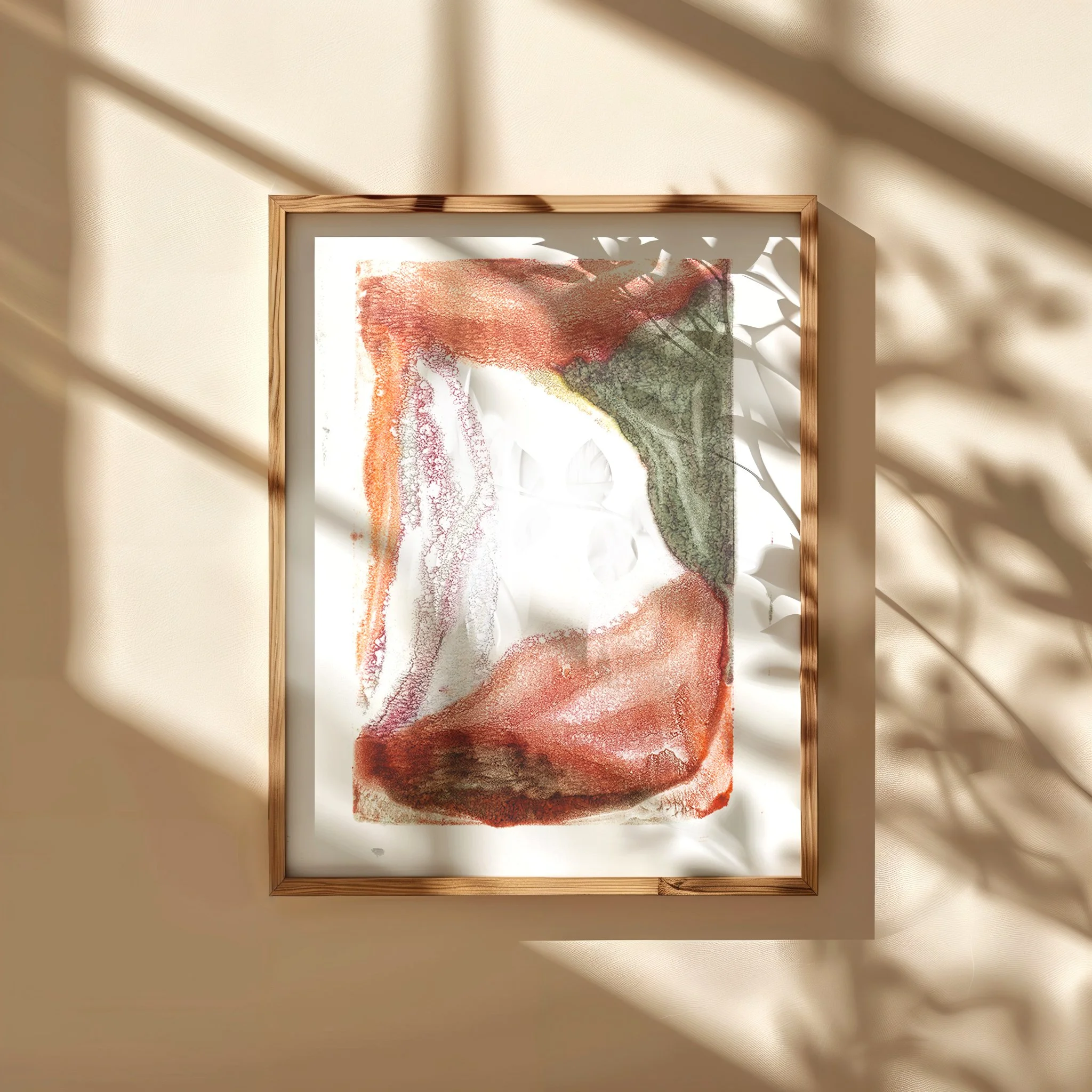 Weathering, abstract encaustic monotype by Melissa McGill, with textured rust, terracotta, olive green, and pale gray forms surrounding an open center, shown in a natural wood frame.